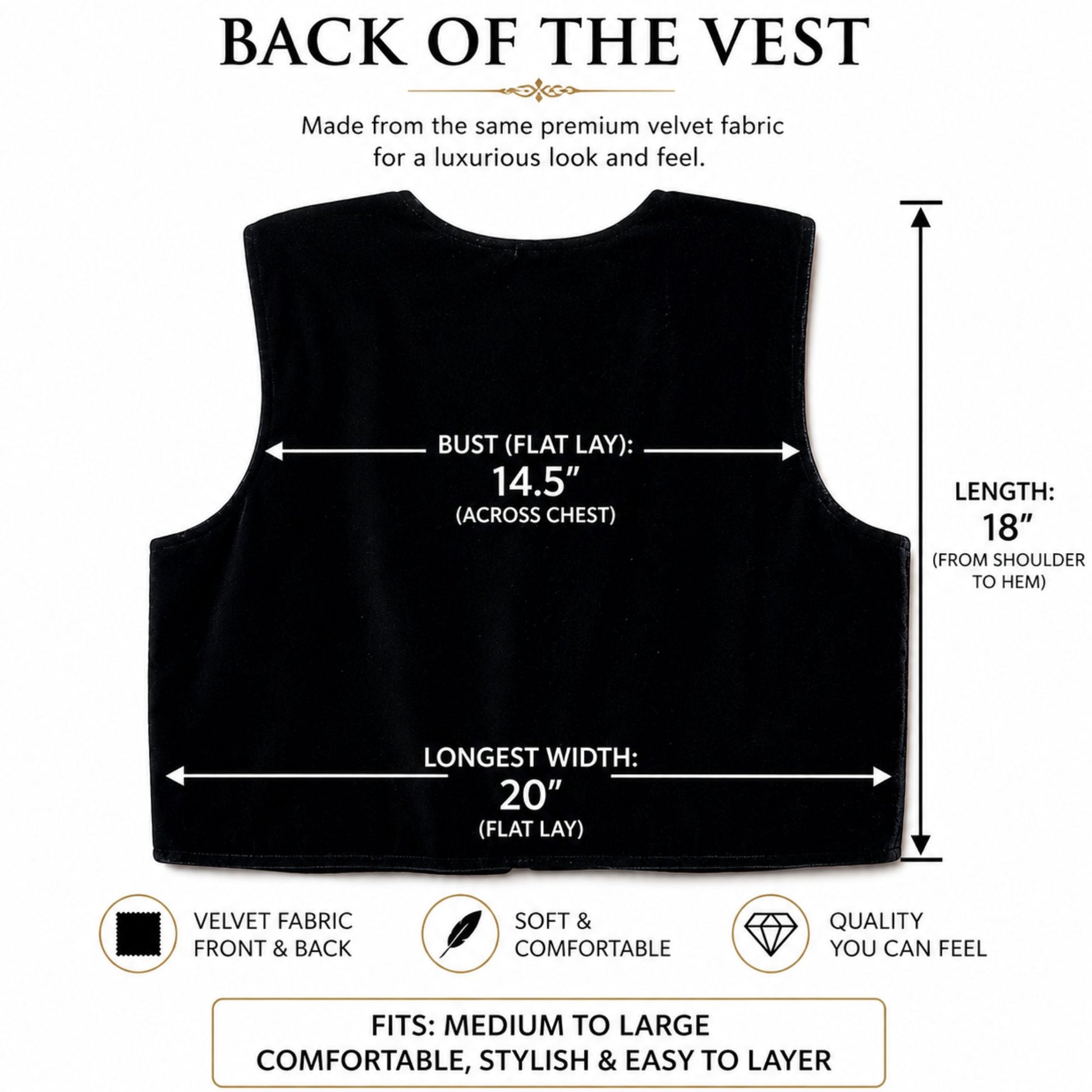 Back view of handmade black velvet pearl beaded vest featuring premium velvet fabric, size measurements, and comfortable medium to large fit