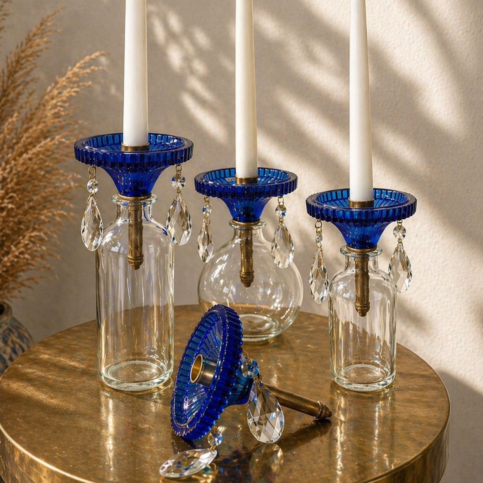 blue crystal glass bottle candle holder with hanging prisms