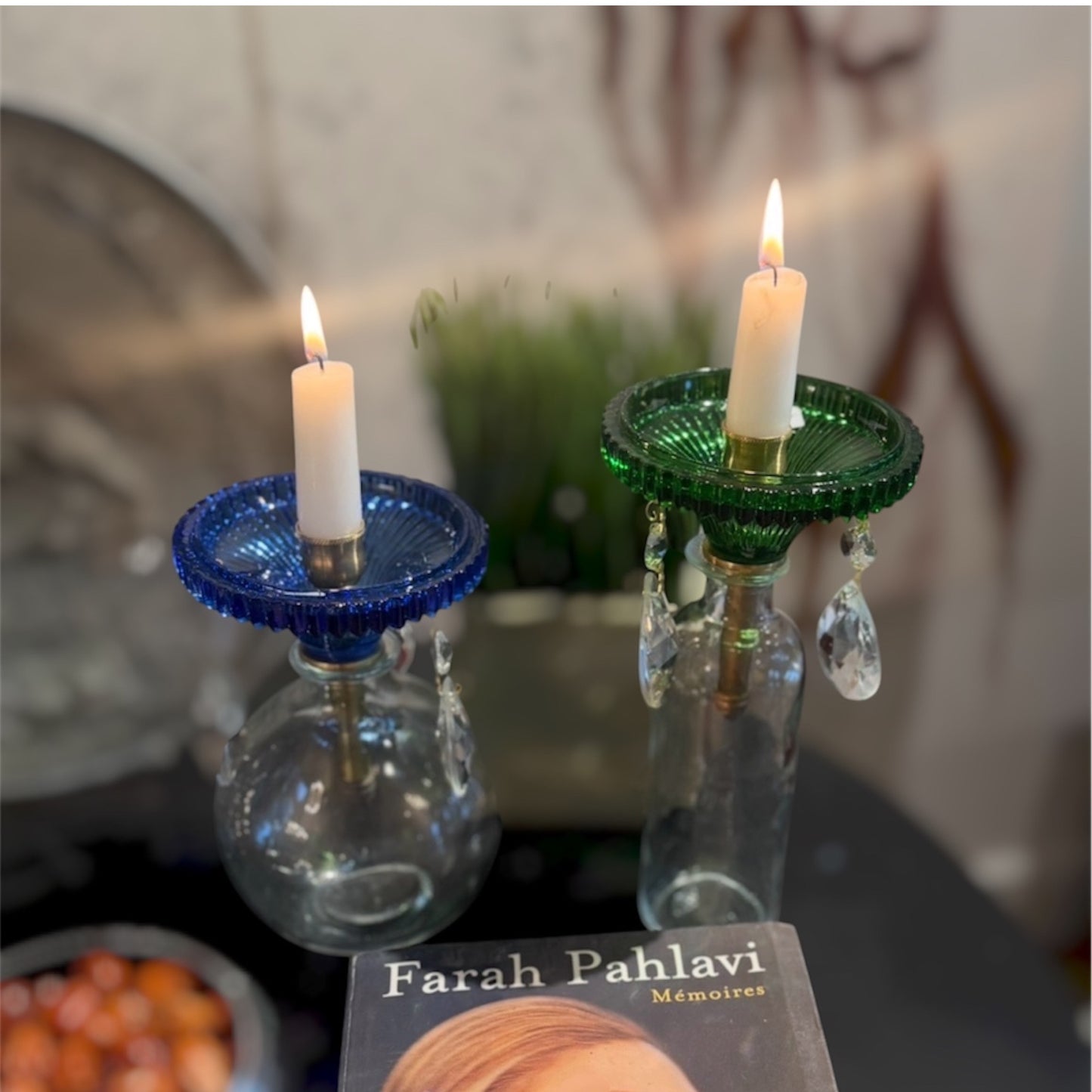 blue and green crystal glass candle holder with hanging prisms that fits most bottles