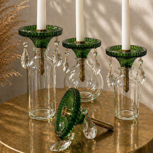 green crystal glass bottle candle holder with hanging prisms