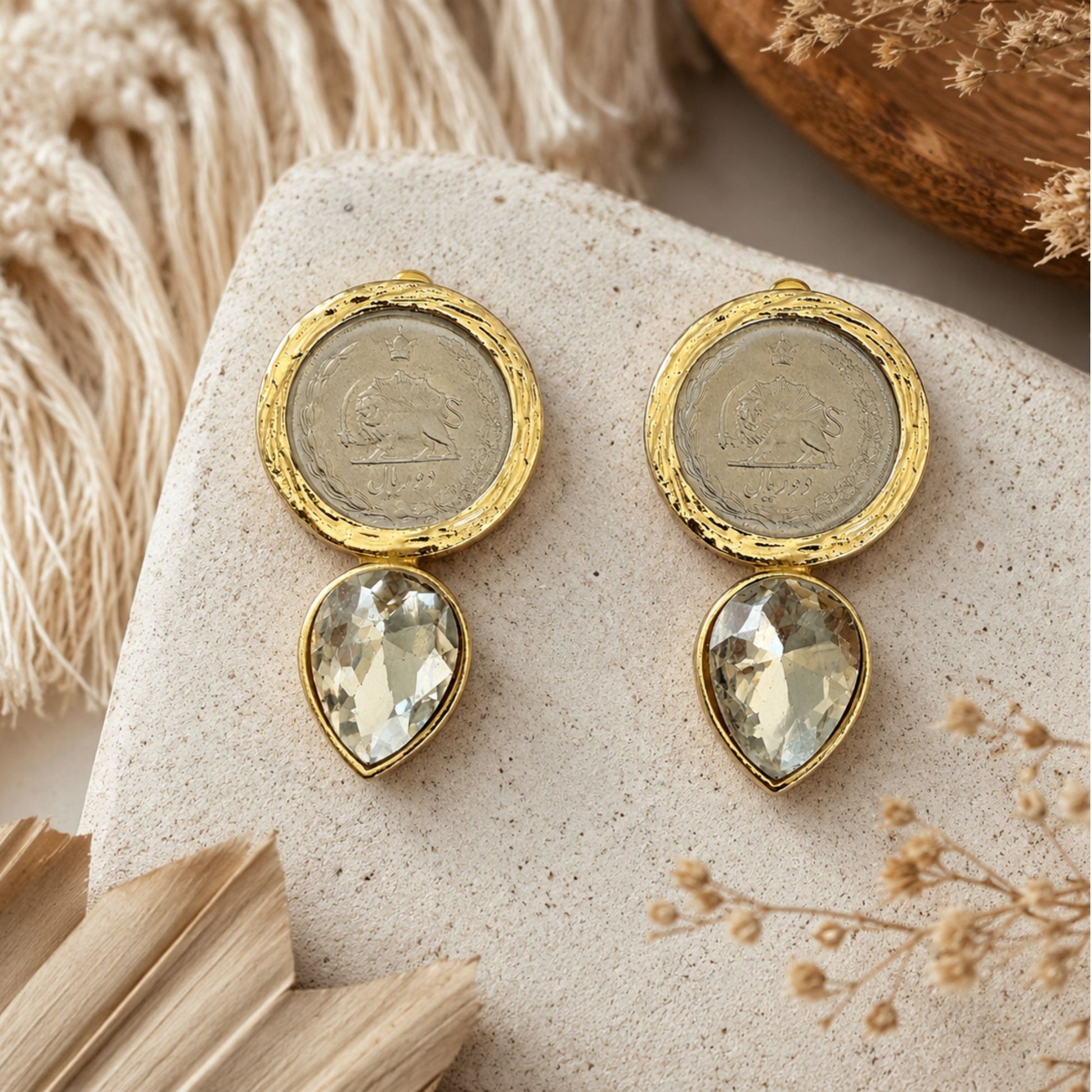 Persian inspired statement earrings with vintage coin and clear gemstone drop