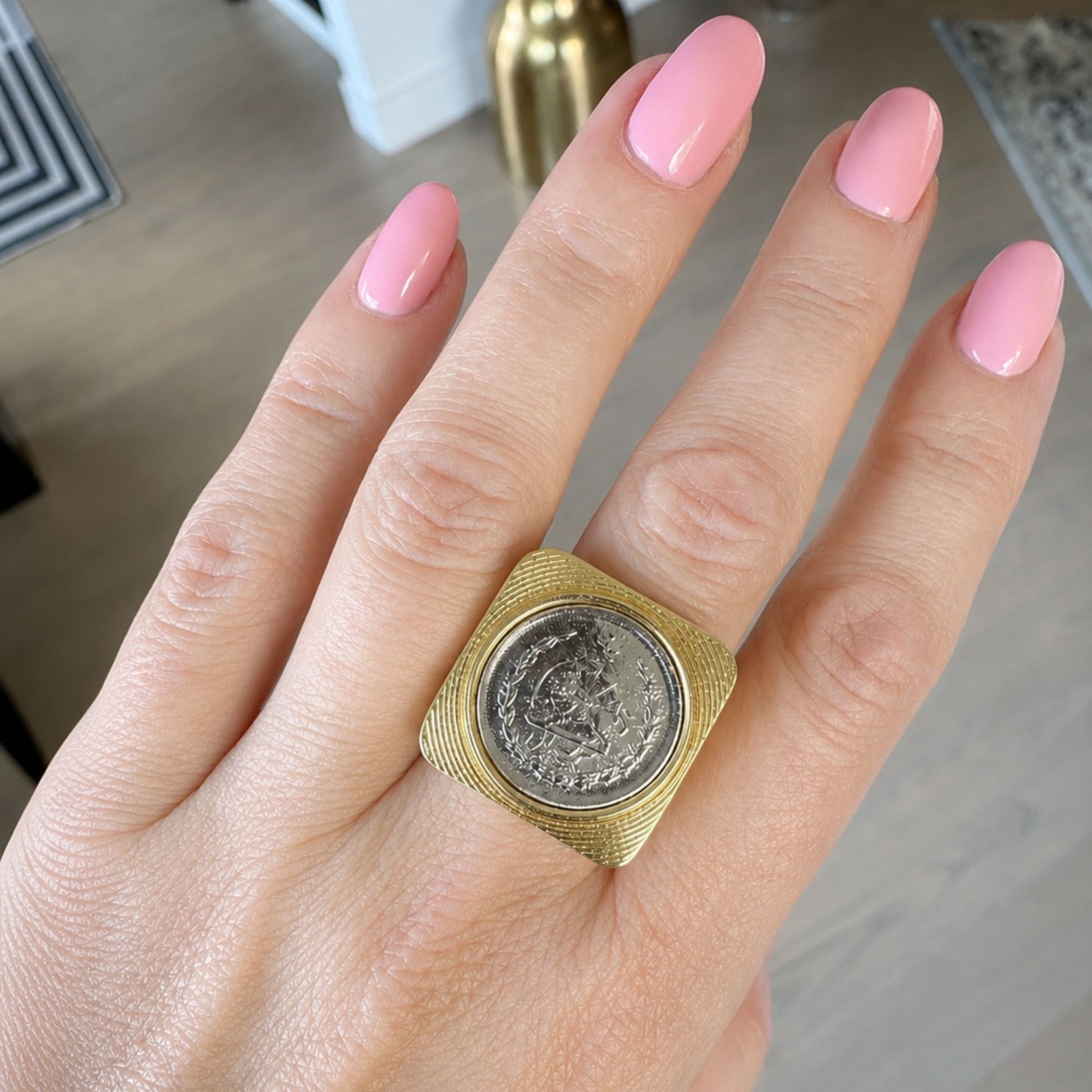 Gold ring with a lion and sun coin design
