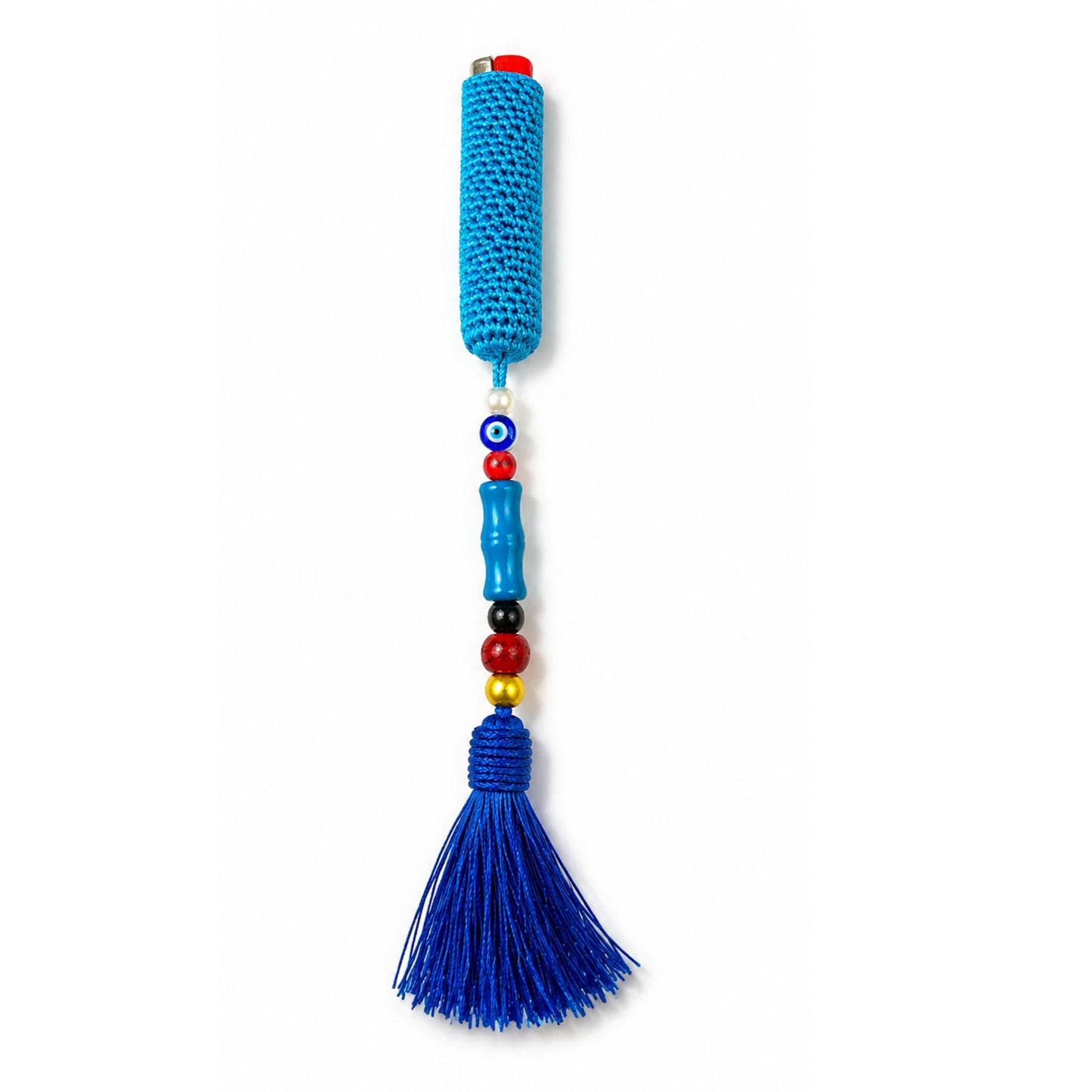 Handwoven cover in turquoise color and evil eye bead design