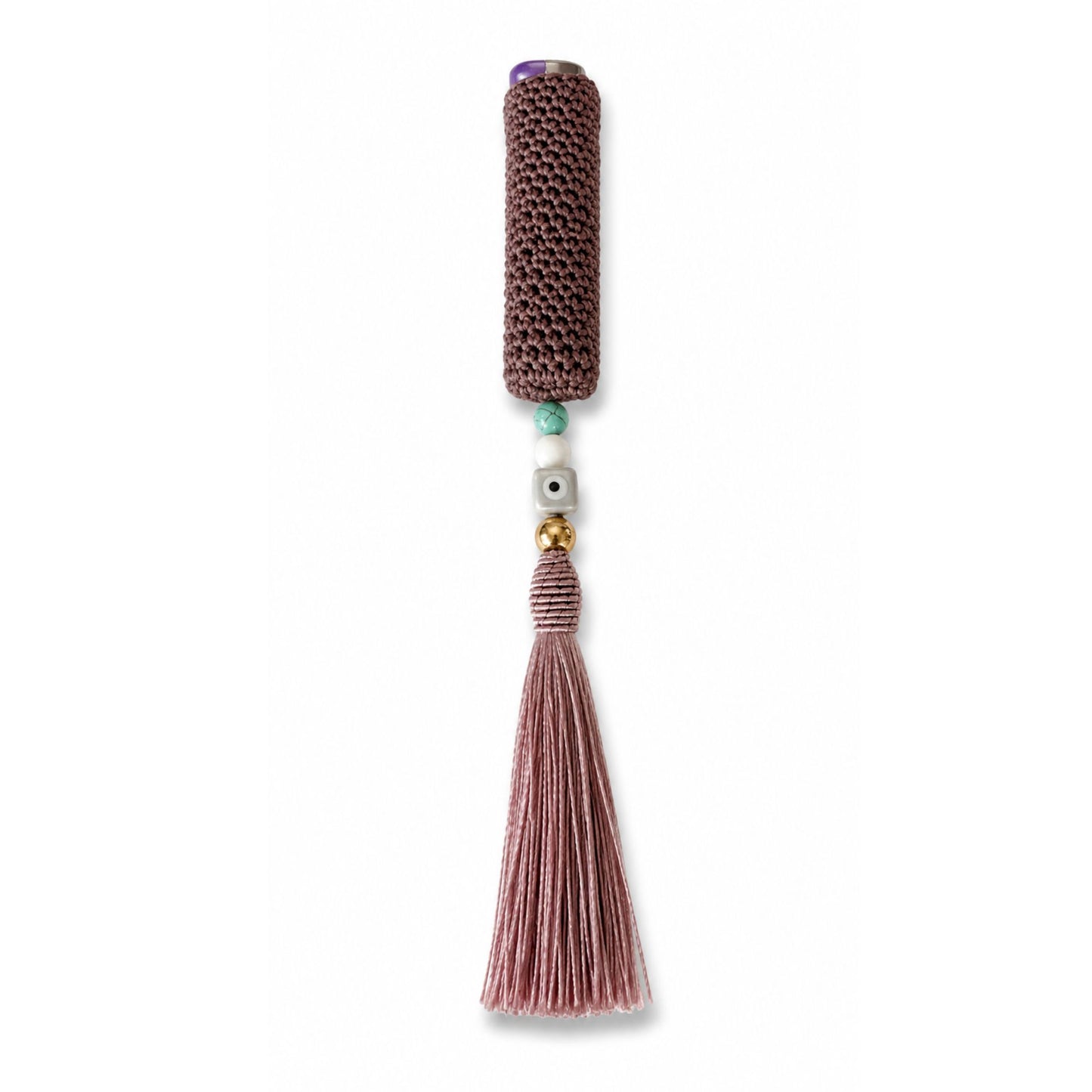 Handwoven cover in light brown and pink gold tassel color with evil eye bead design