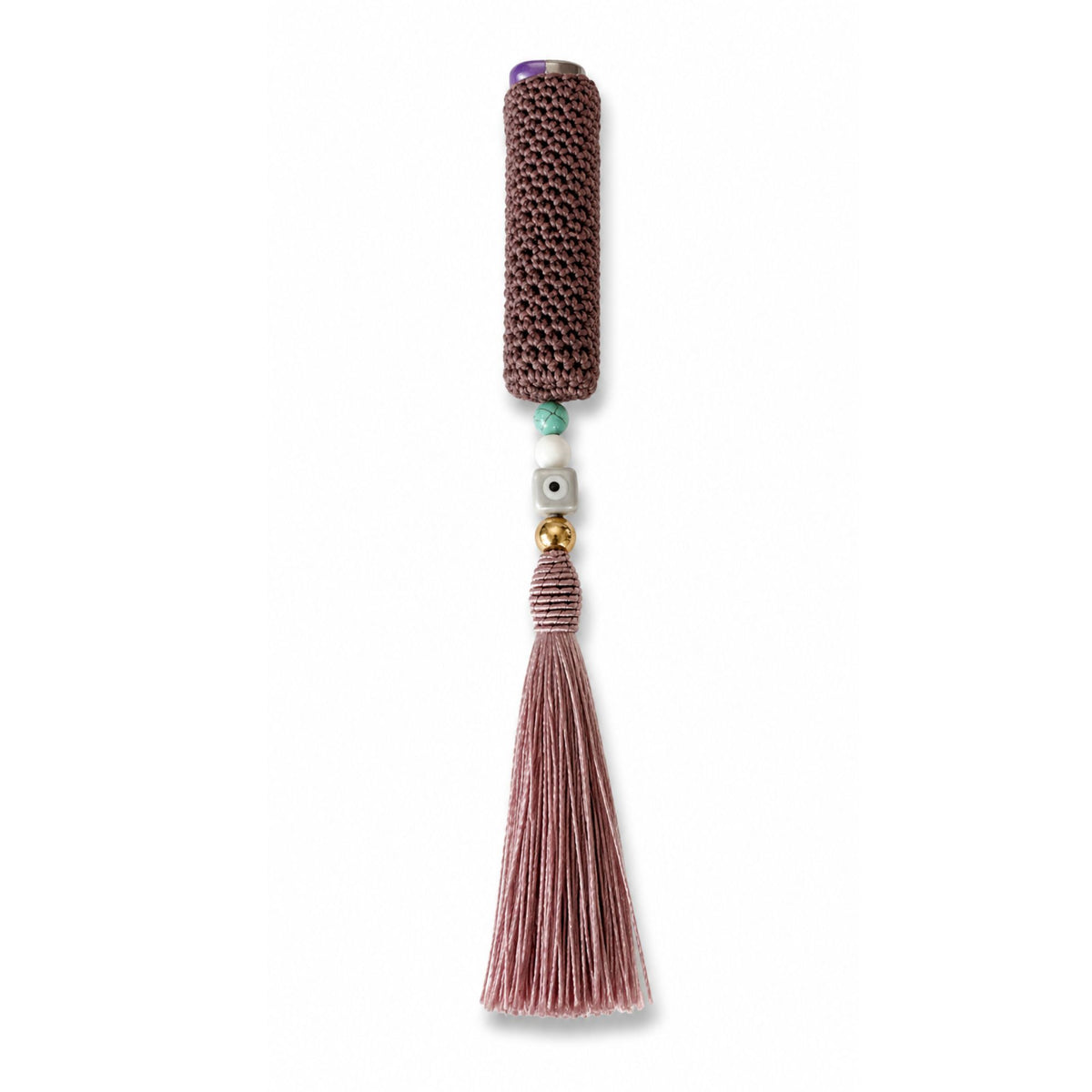 Handwoven cover in light brown and pink gold tassel color with evil eye bead design