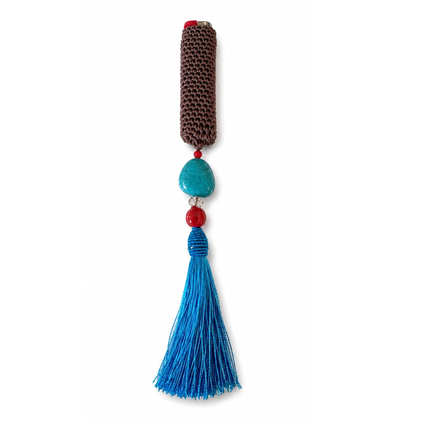 Handwoven cover in brown color and turquoise tassel and bead