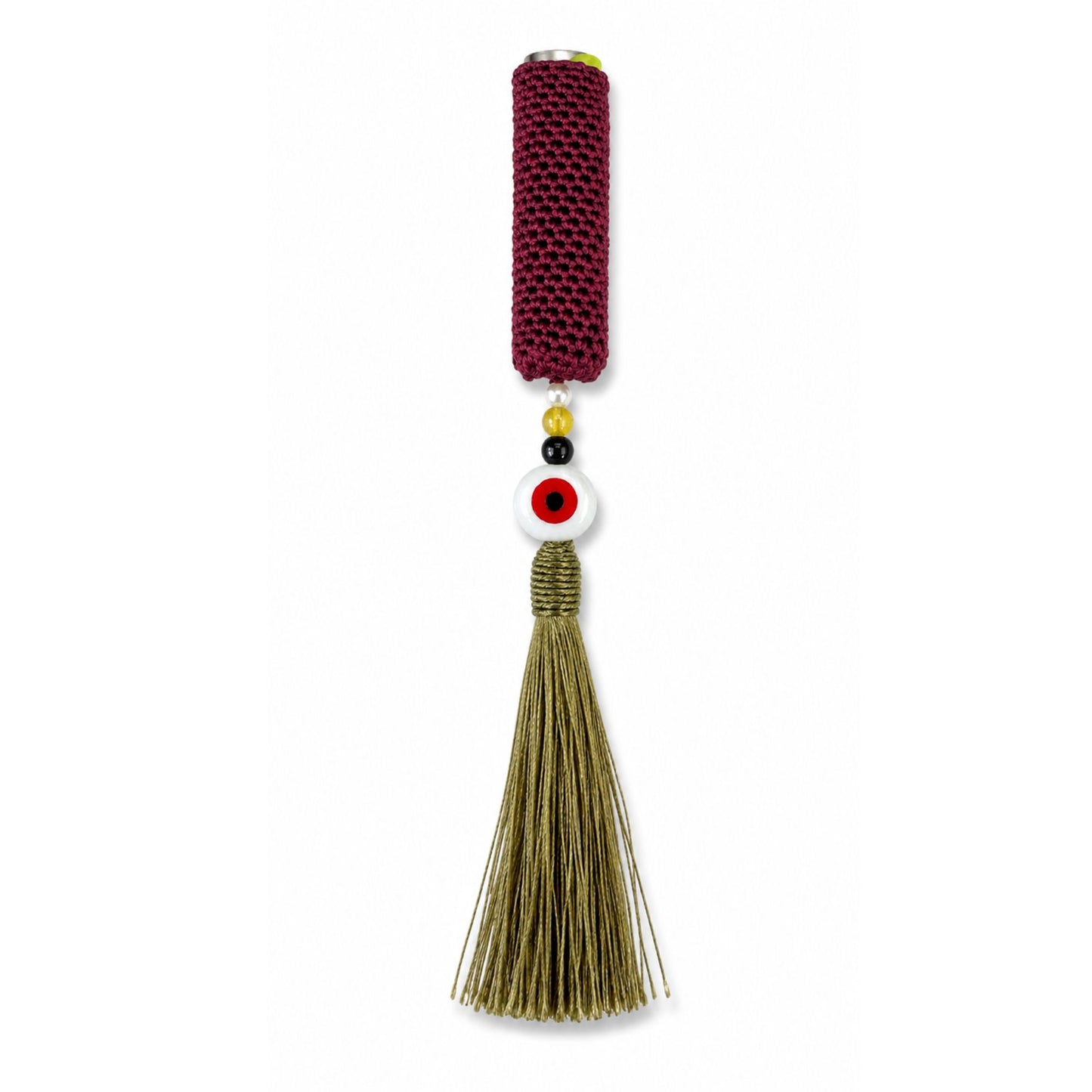 Handwoven cover in burgundy  and green olive tassel with evil eye bead design
