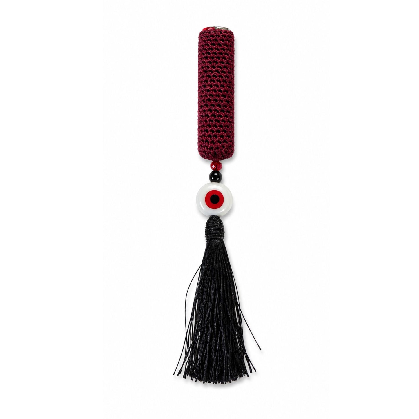 Handwoven cover in burgundy and black tassel with evil eye bead design
