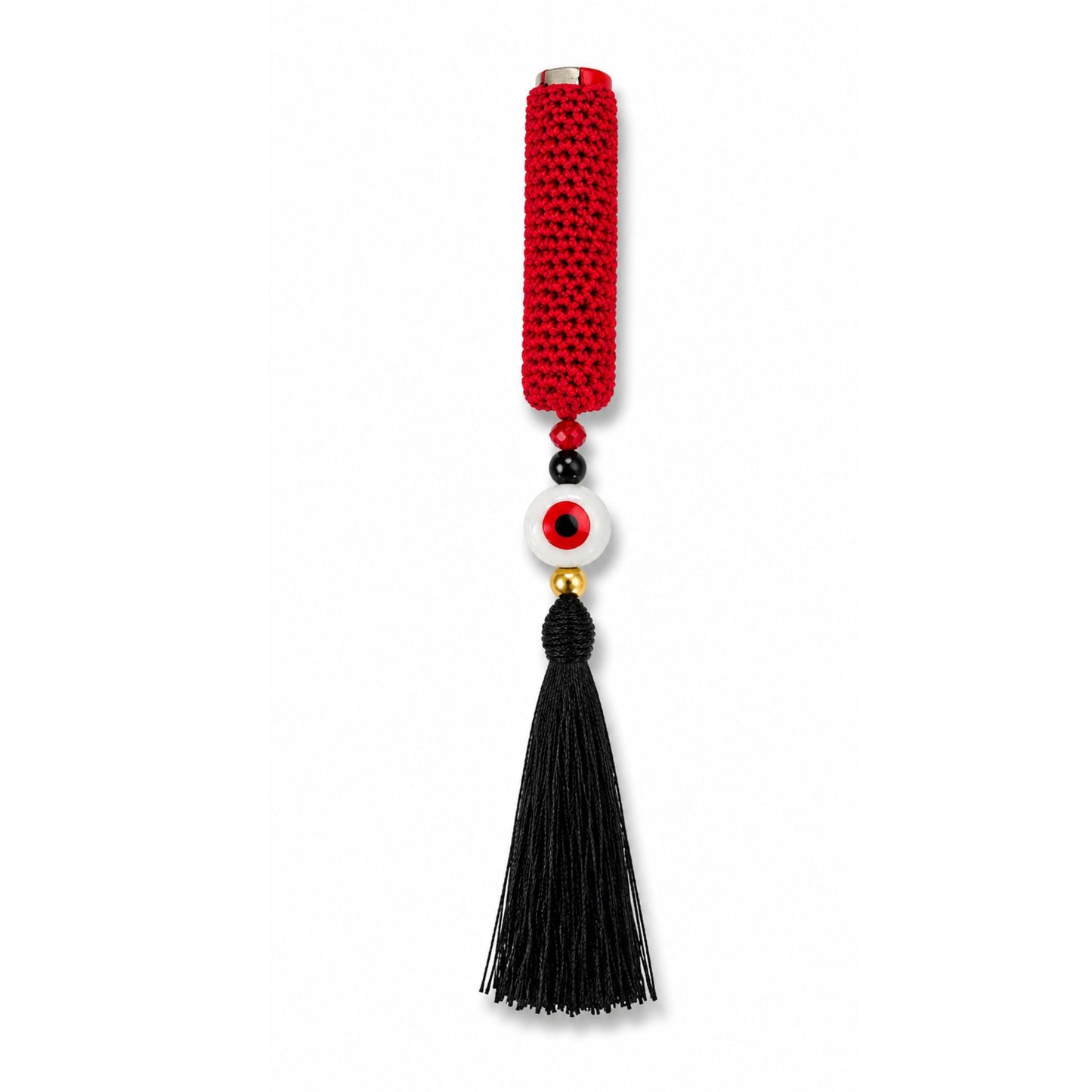 Handwoven cover in red and black tassel with evil eye bead design