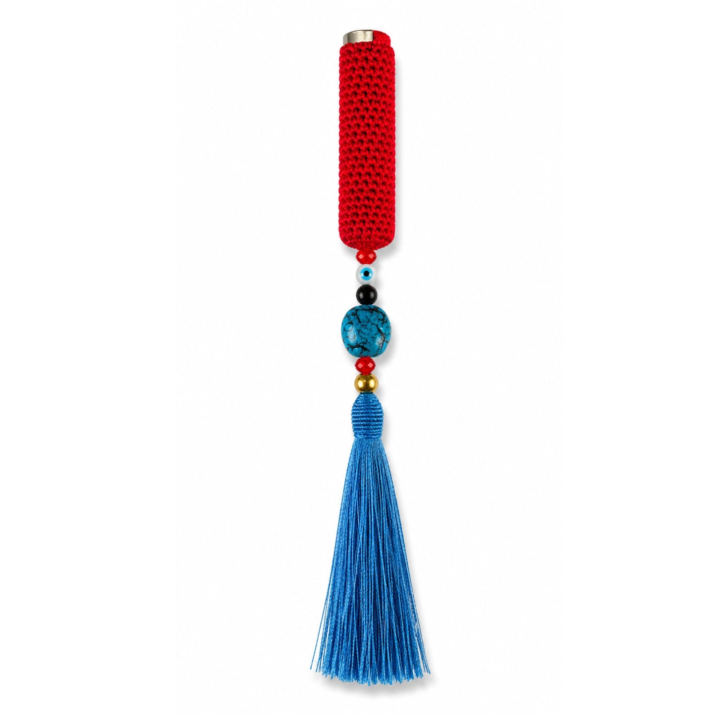 Handwoven cover in red and turquoise tassel with evil eye bead design