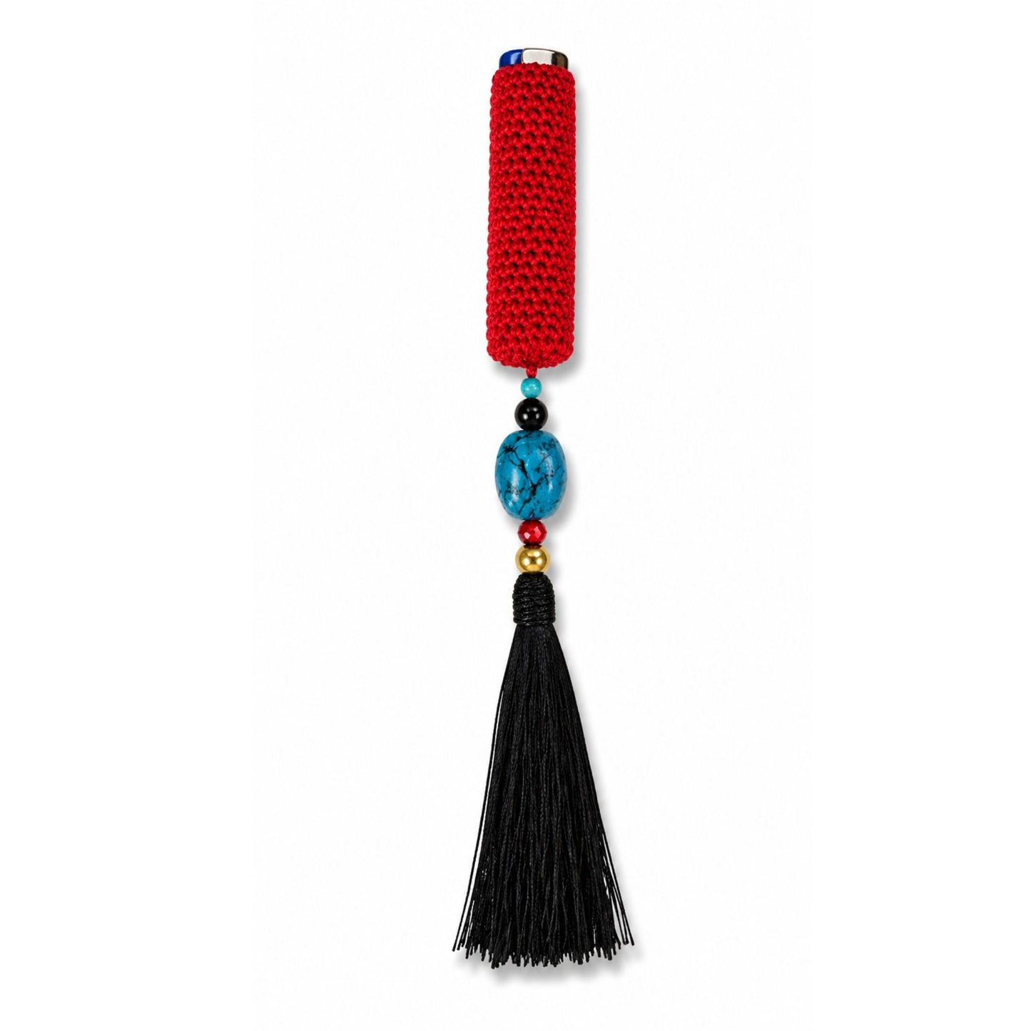 Handwoven cover in red and black tassel with blue bead design
