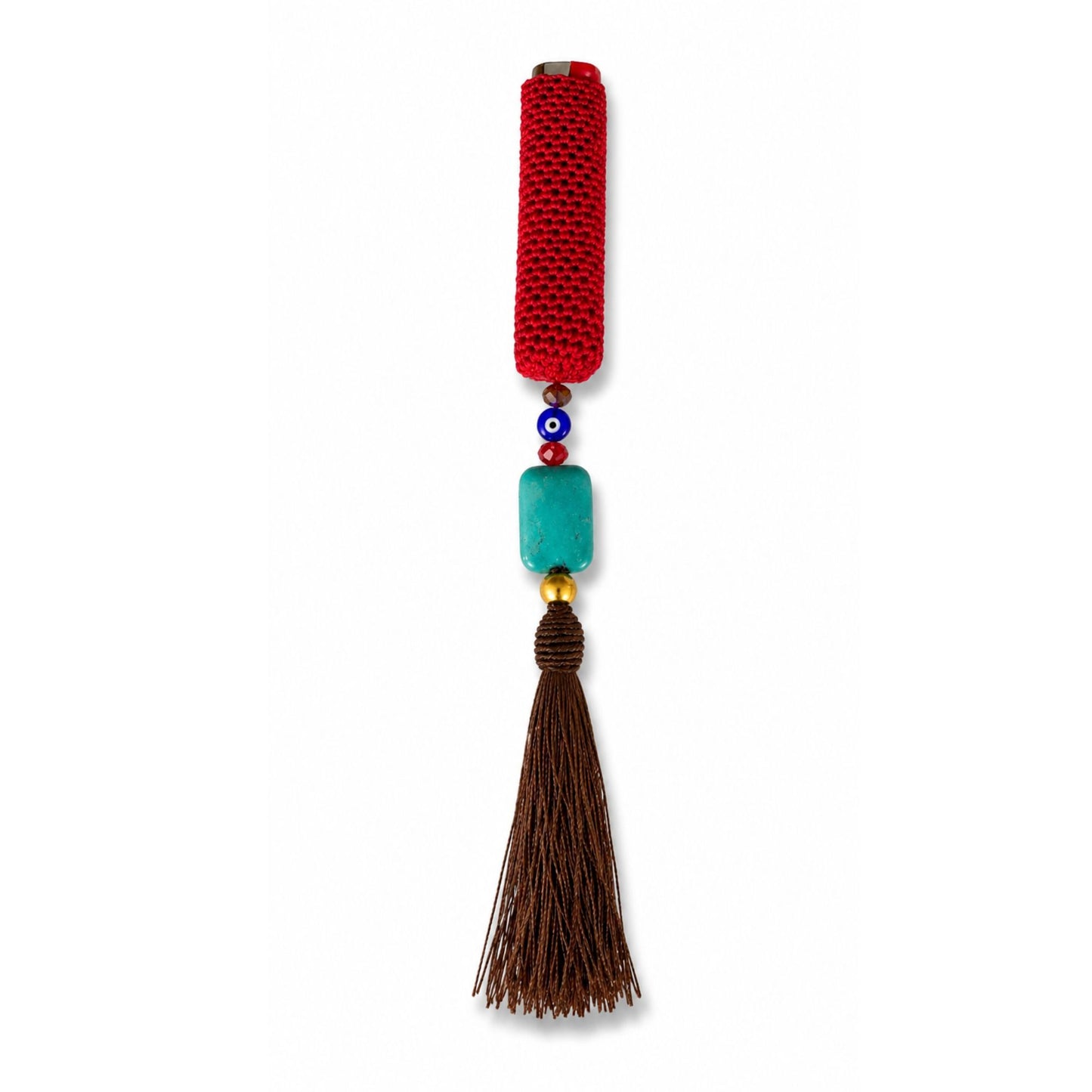 Handwoven cover in red and brown tassel with evil eye bead design
