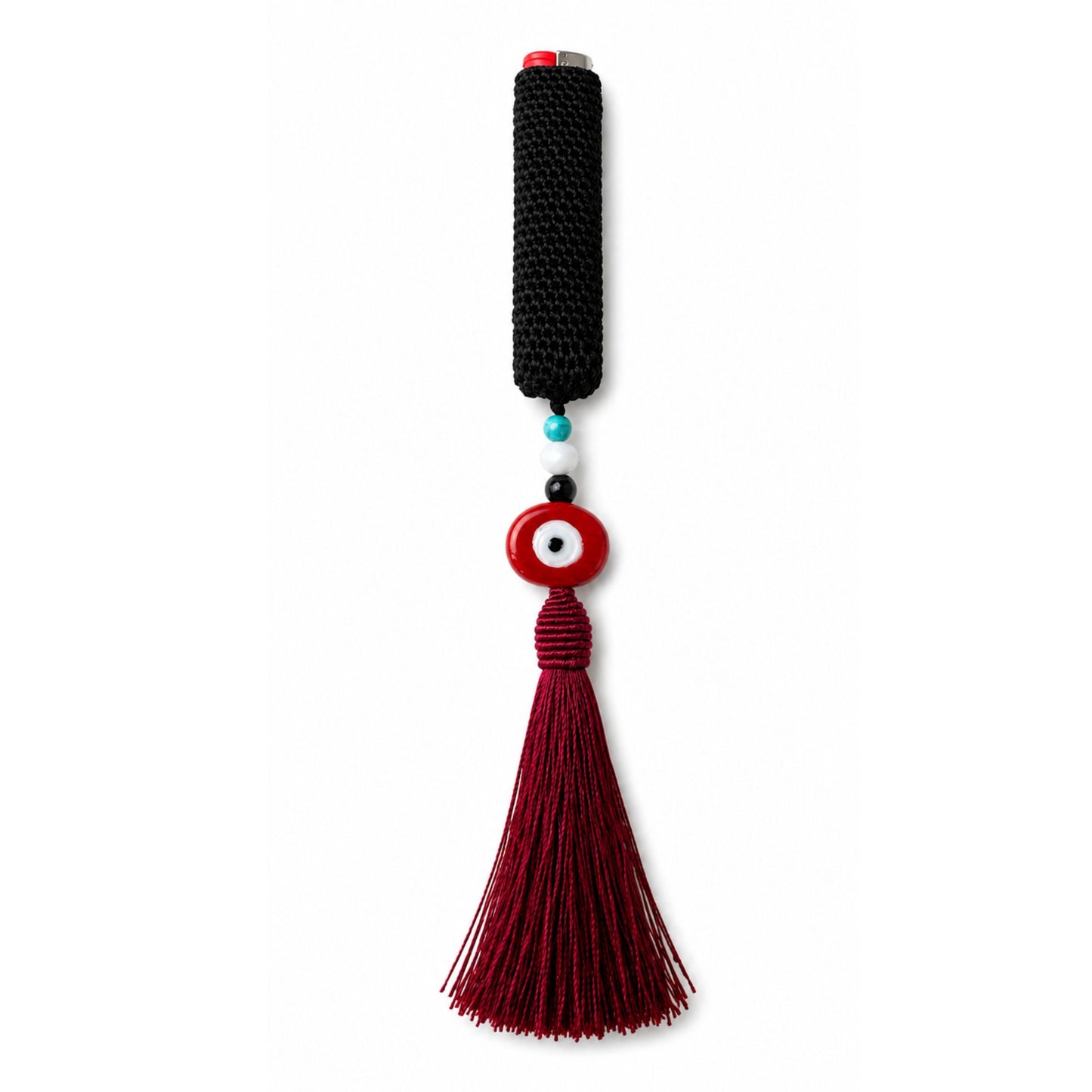 Handwoven cover in black and red tassel with evil eye bead design