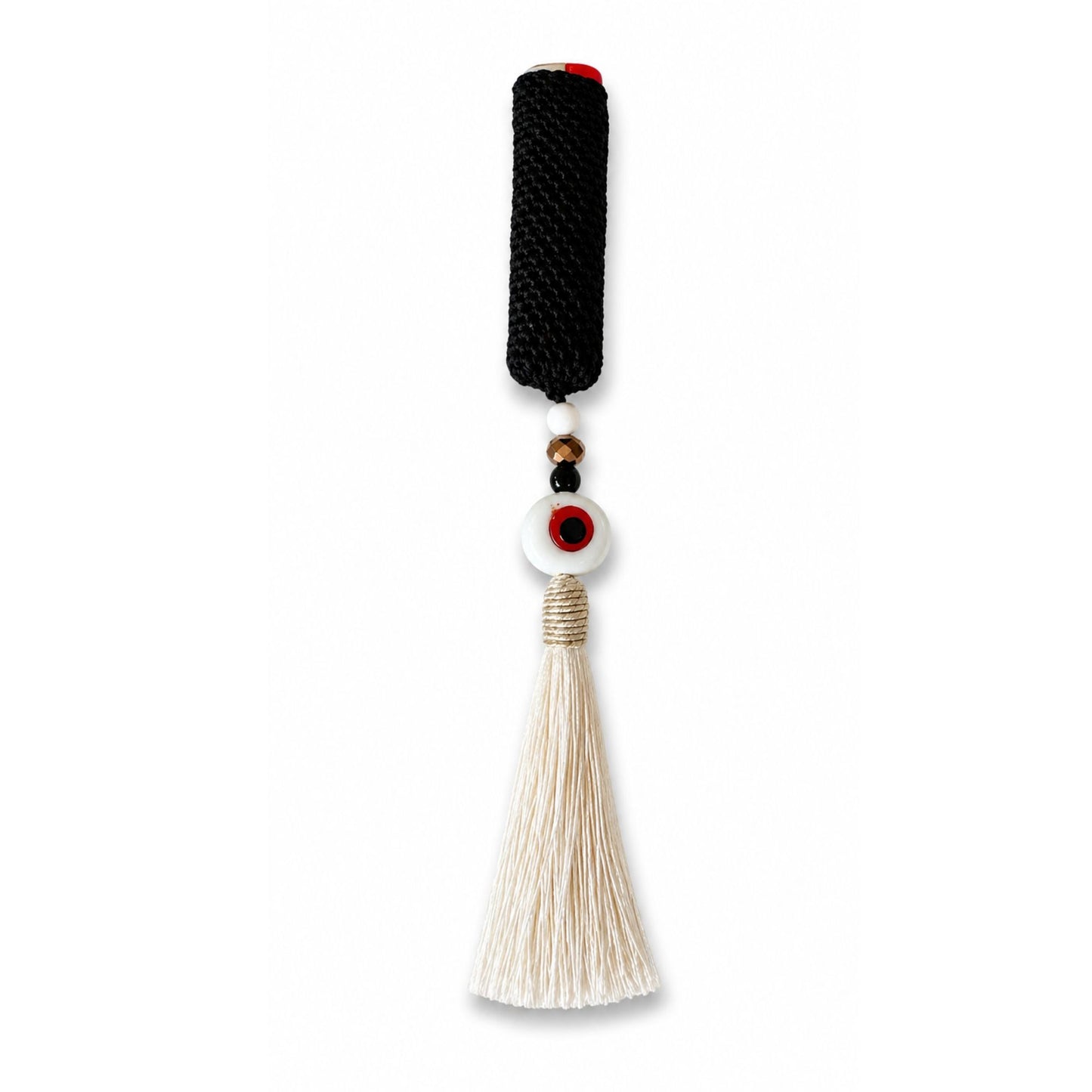 Handwoven cover in red and white tassel with evil eye bead design