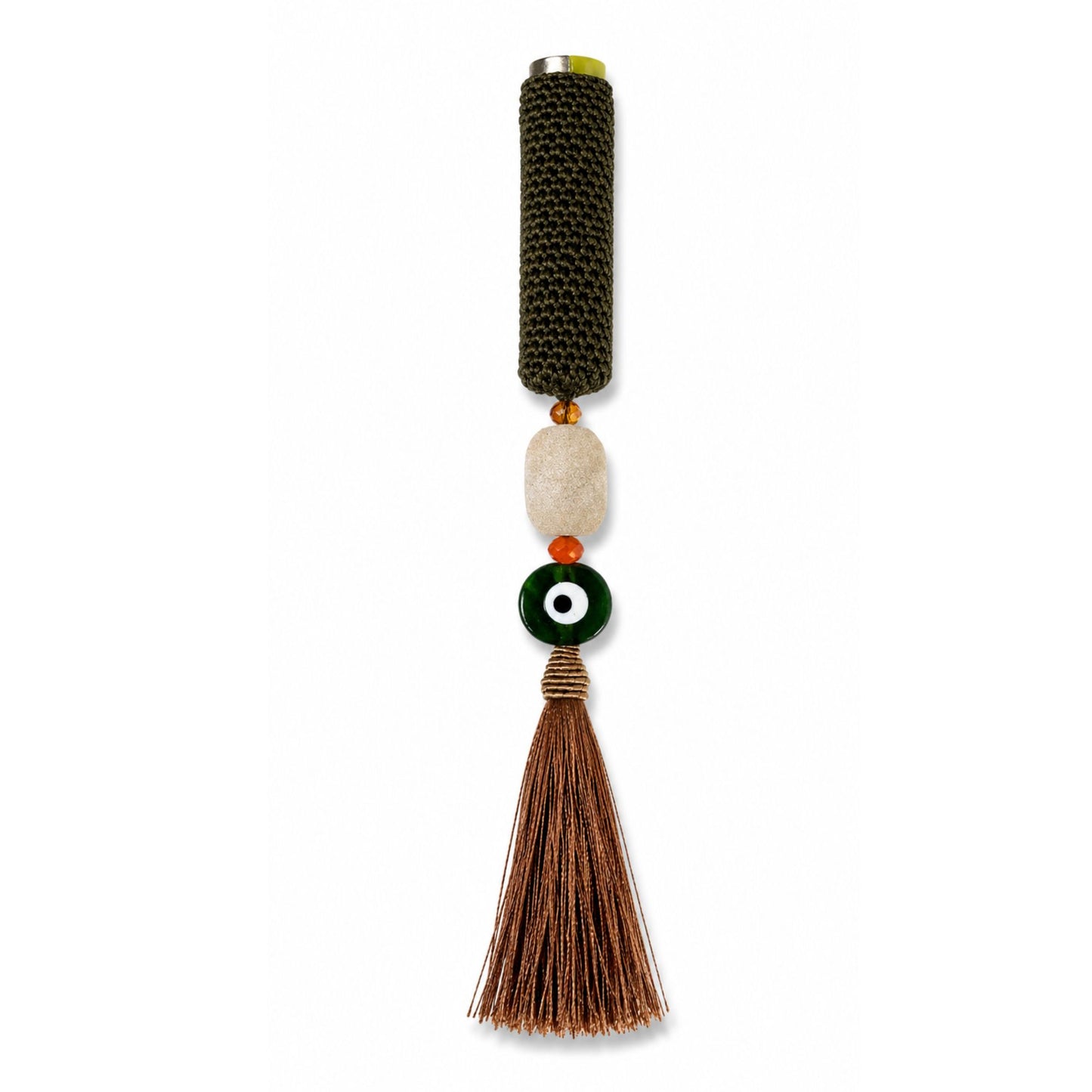 Handwoven cover in olive green and gold tassel with evil eye bead design