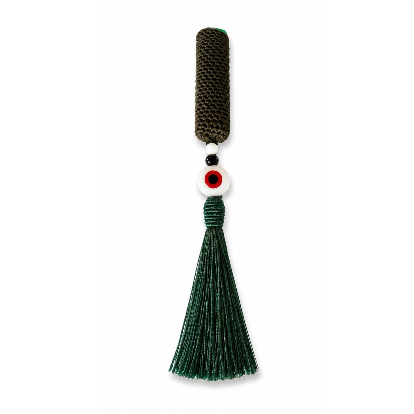 Handwoven cover in olive green and green tassel with evil eye bead design