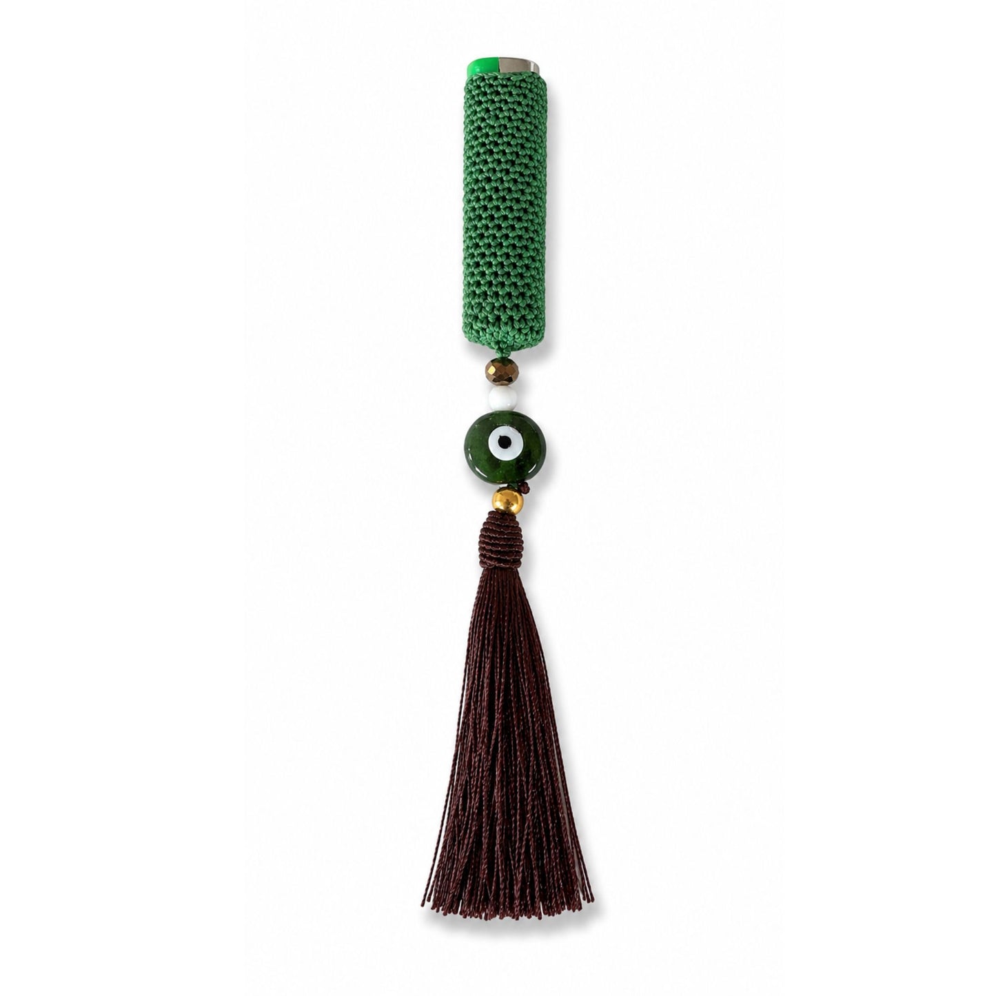 Handwoven cover in bight green and dark brown tassel with evil eye bead design