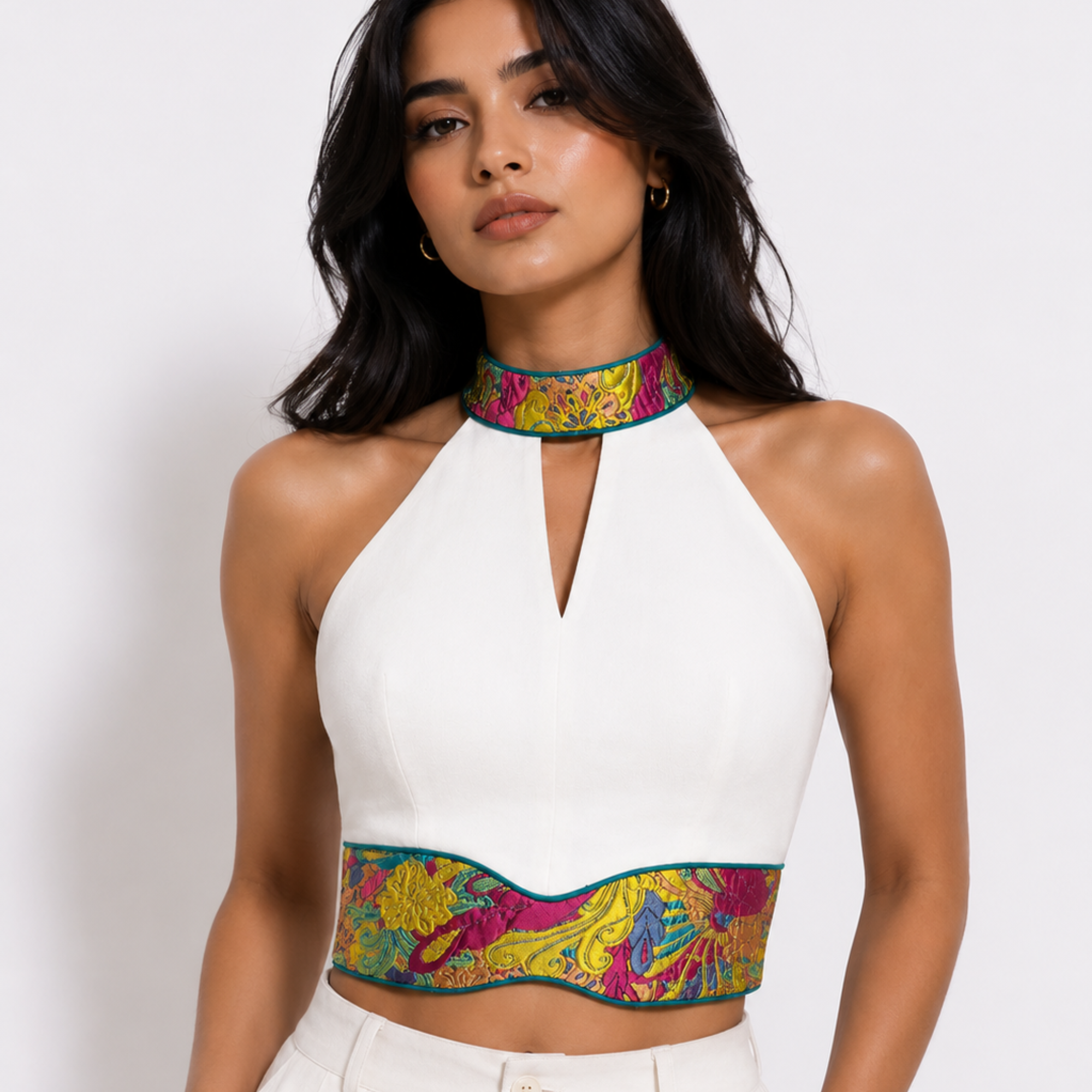 White Corset Crop Top with Embroidery and halter neck