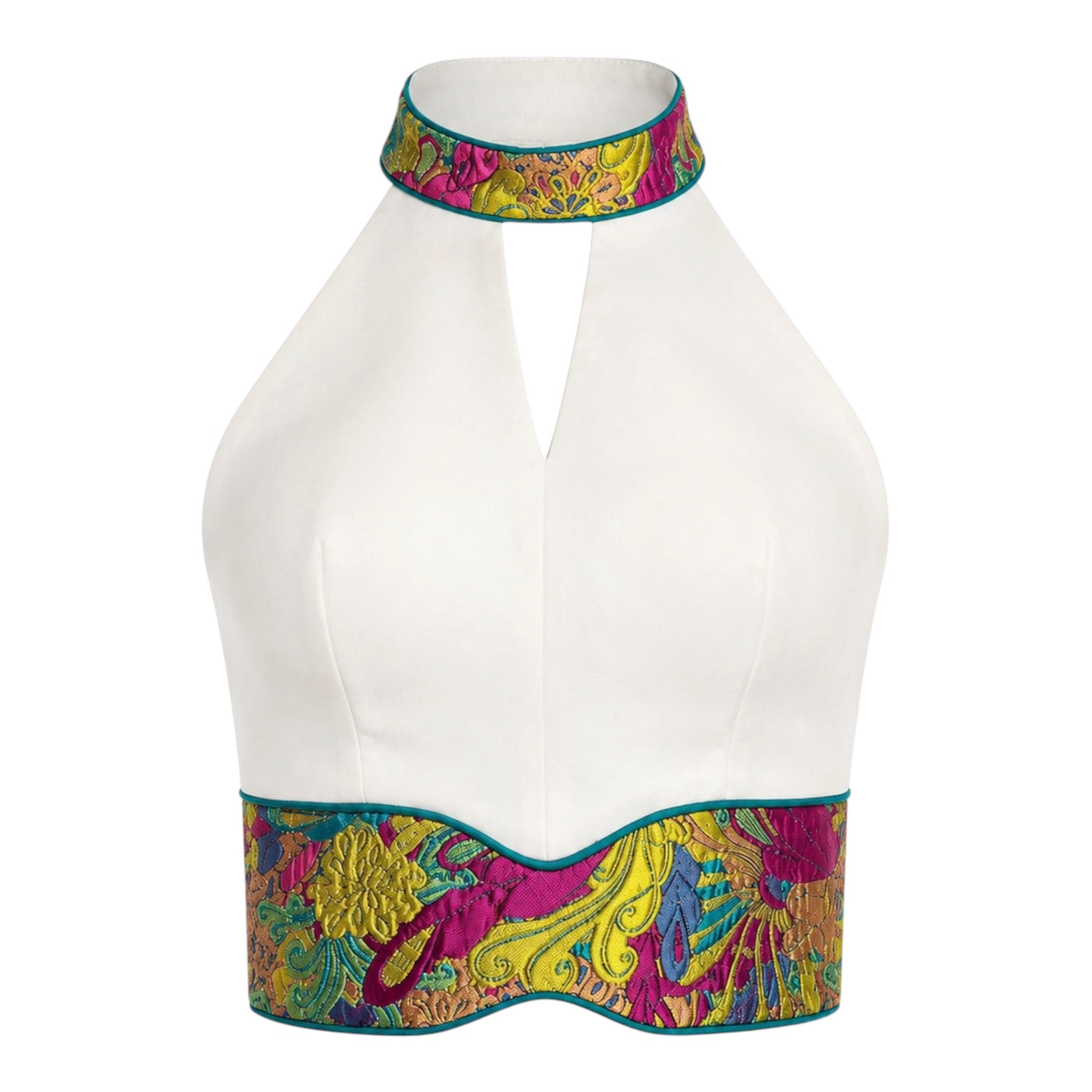 White halter top with colorful floral embroidery