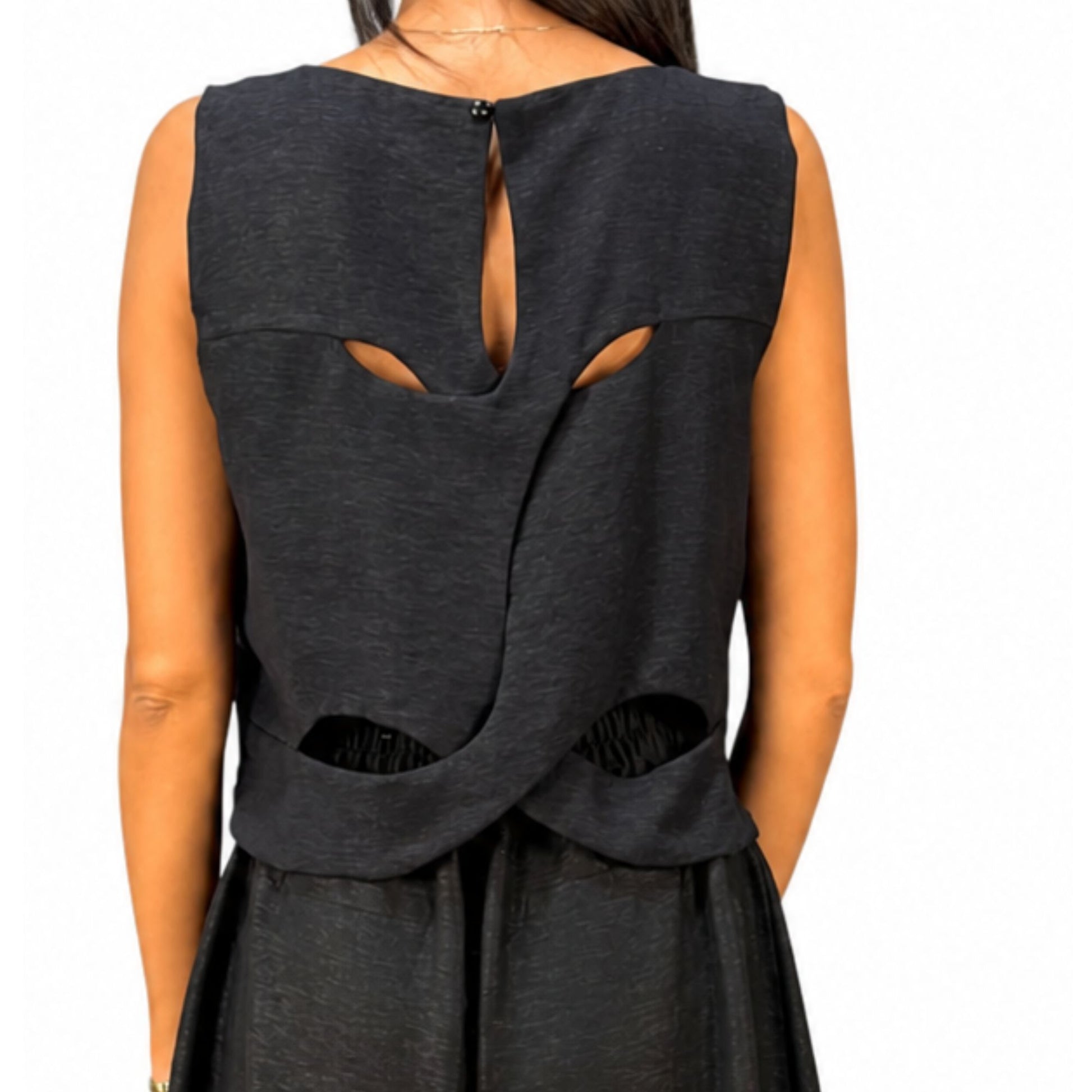 Elegant black tafteh open back top, back view