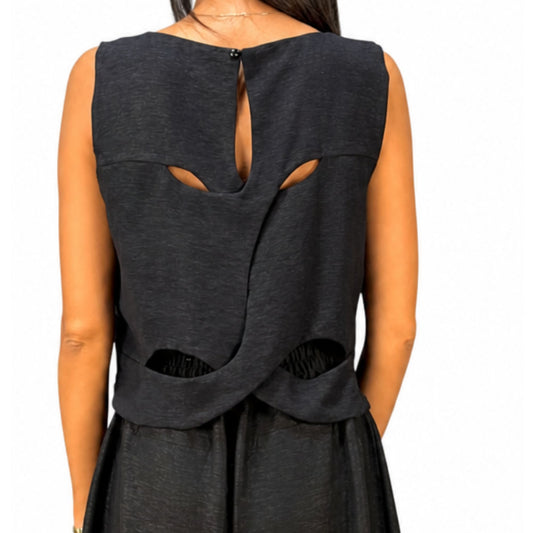 Elegant black tafteh open back top, back view