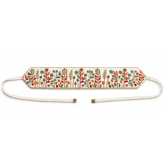 white fabric belt with colorful floral pattern