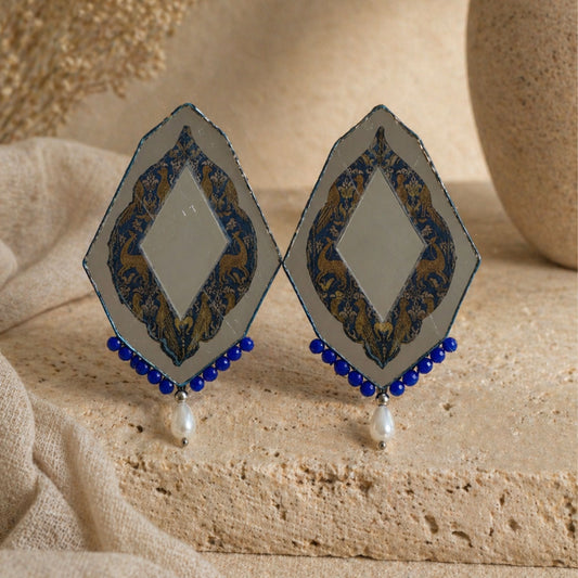 geometric mirror drop earrings with blue beads, pearl and floral prints