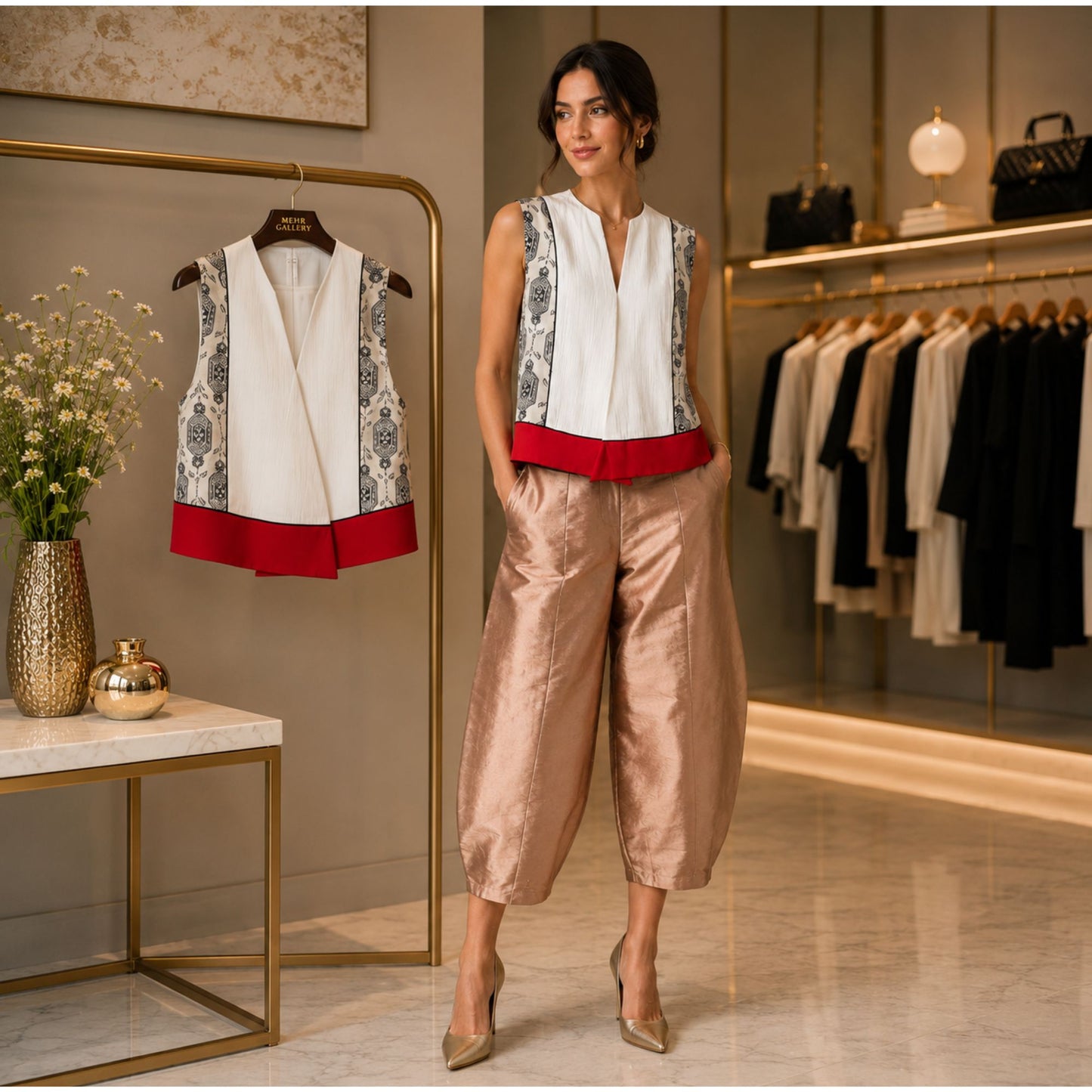 Sleeveless geometric print wrap vest styled with bronze barrel leg pants, featuring a white pleated front and bold red hem for a contemporary outfit.