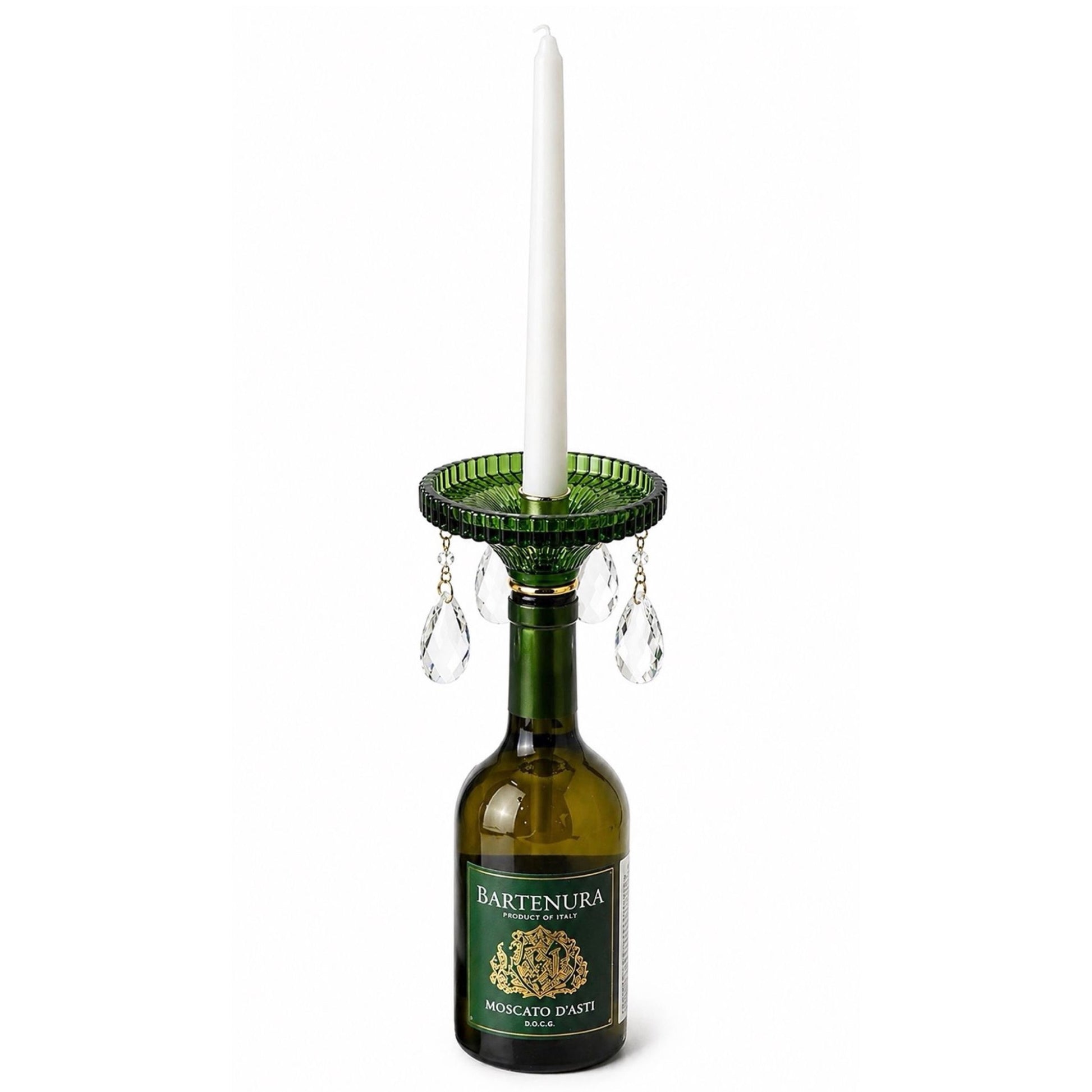 green crystal glass bottle candle holder with hanging prisms