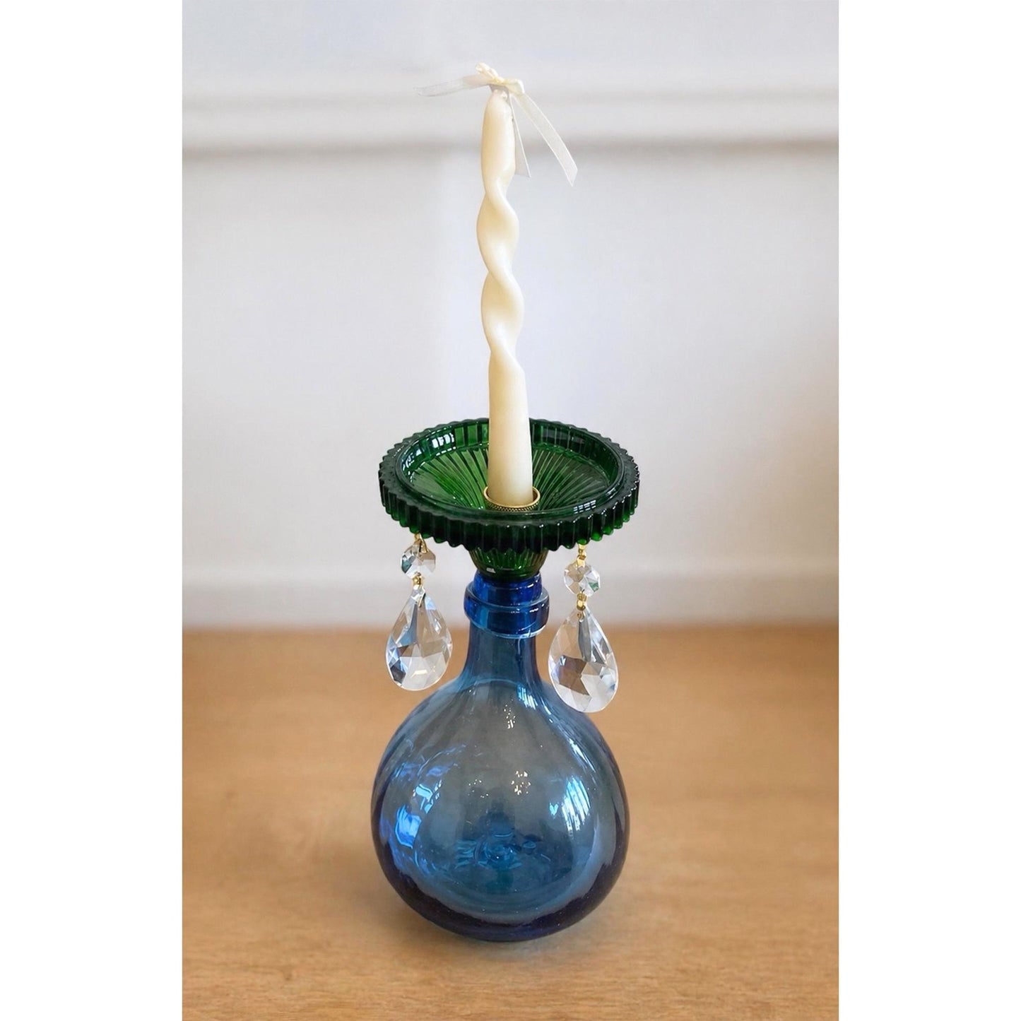 elegant green glass candle holder with gold base and crystals that fits most bottles