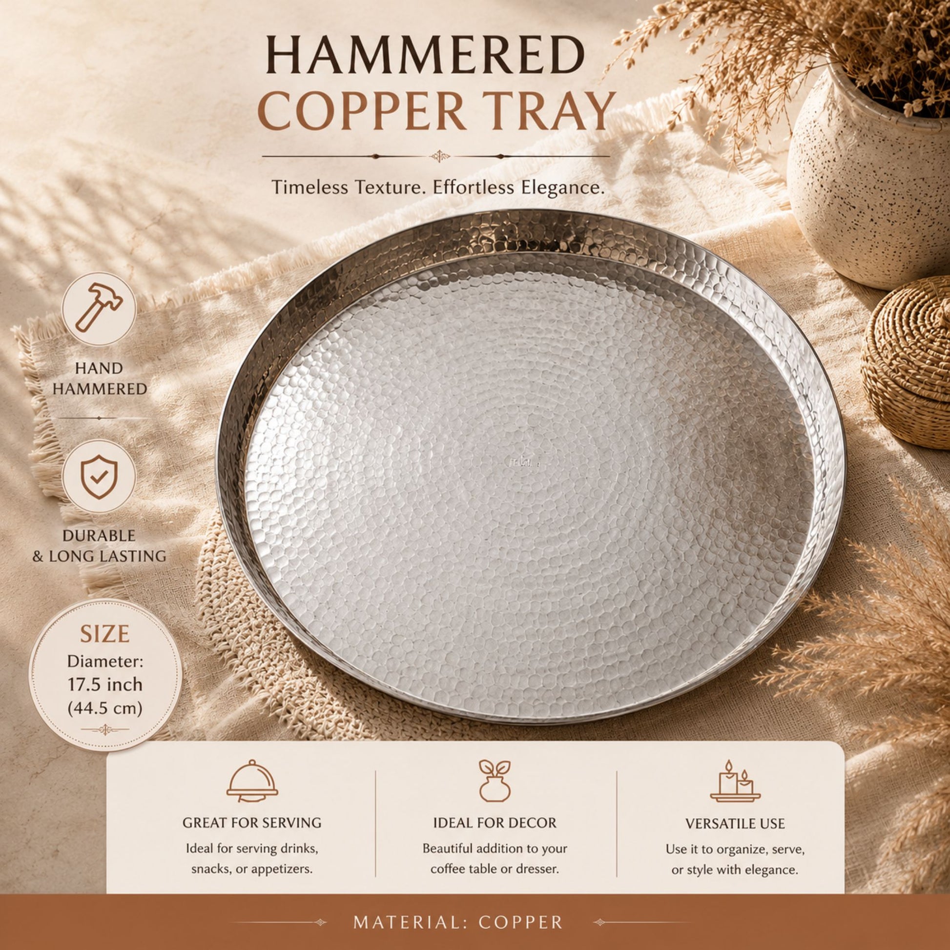 Product information graphic showing a handmade hand-hammered white copper serving tray with 17.5-inch diameter and raised rim.