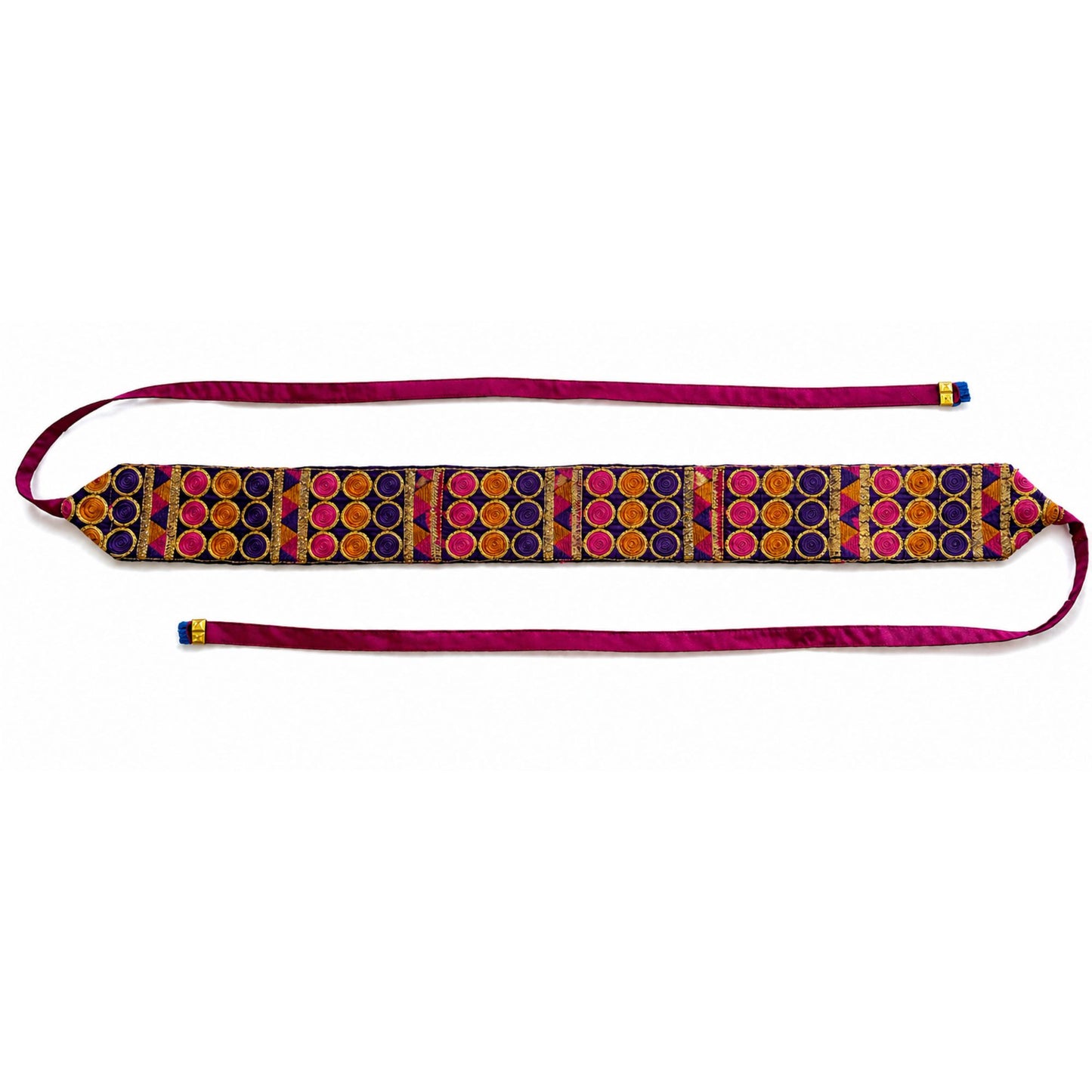 embroidered belt with purple, gold and pink accent