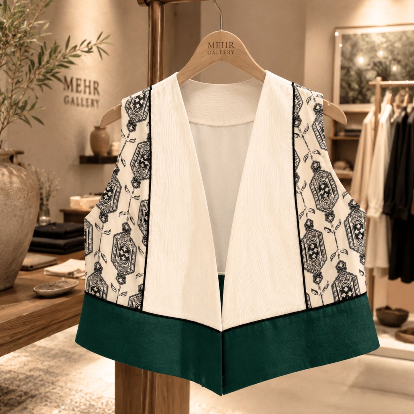 Handmade geometric color-block open-front vest with cream textured front, printed side panels, and emerald green trim displayed on a wooden hanger.