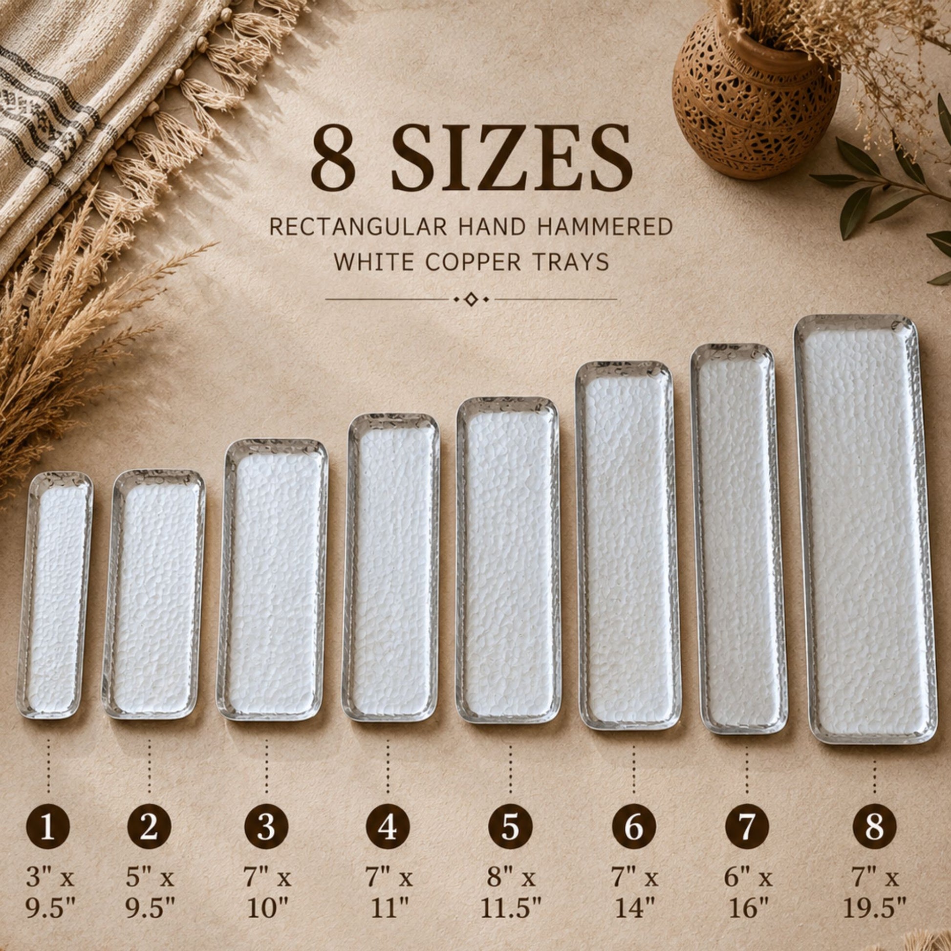 Handmade hand-hammered white copper nesting trays available in 8 rectangular sizes for serving, entertaining, and home décor.