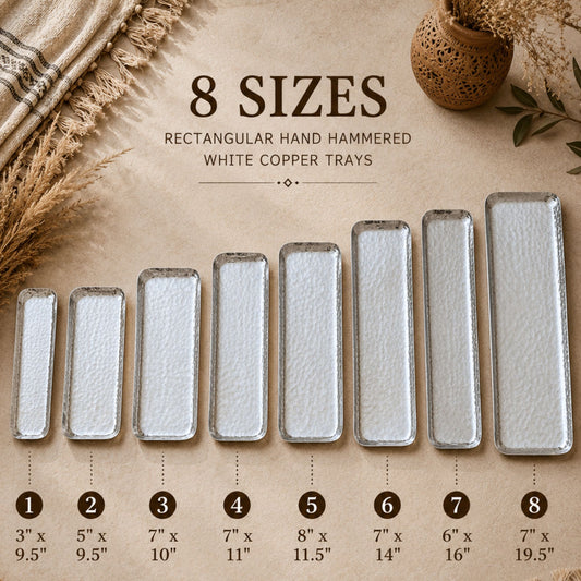 Handmade hand-hammered white copper nesting trays available in 8 rectangular sizes for serving, entertaining, and home décor.