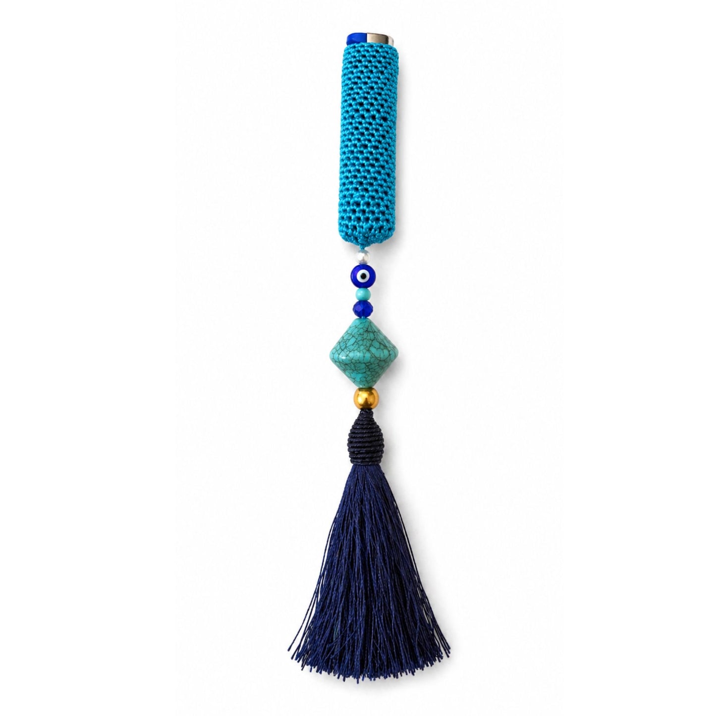 Handwoven cover in turquoise color and evil eye bead design