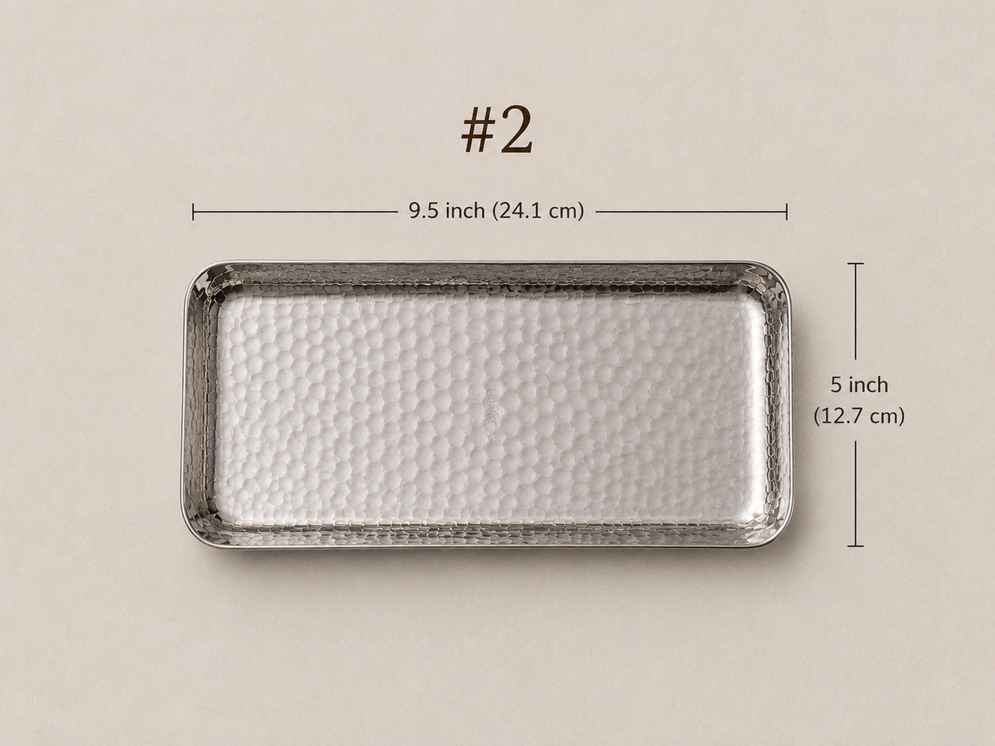 Hand-hammered white copper rectangular serving tray measuring 5 x 9.5 inches for home décor, candles, and entertaining