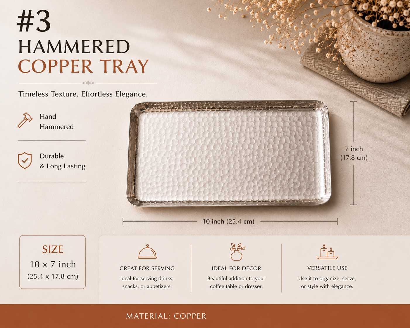 Handmade hand-hammered white copper serving tray measuring 7 x 10 inches, ideal for appetizers, drinks, coffee tables, and elegant home décor.