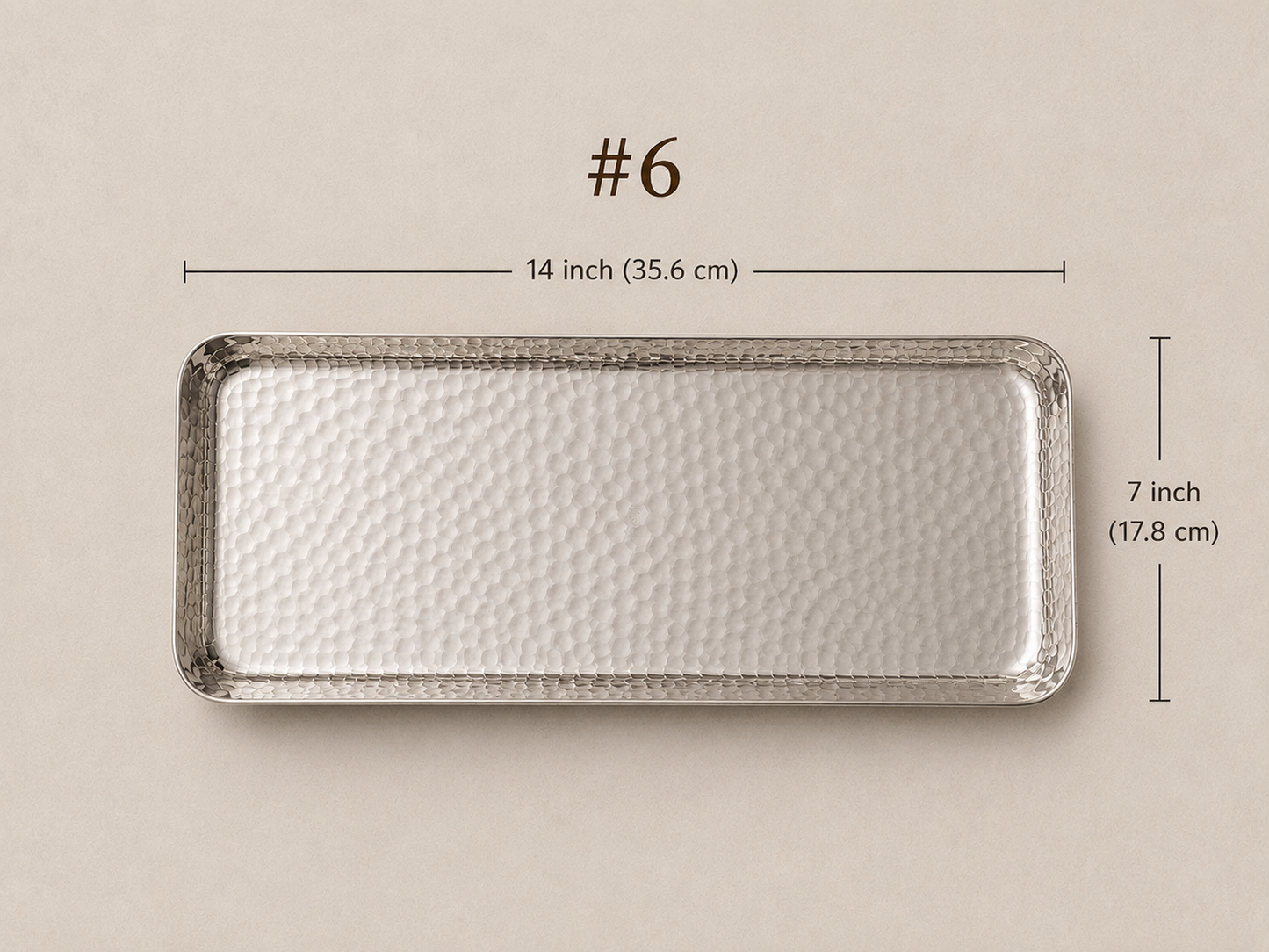 Large hand-hammered white copper serving tray measuring 7 x 14 inches, ideal for entertaining, charcuterie, desserts, and table styling.