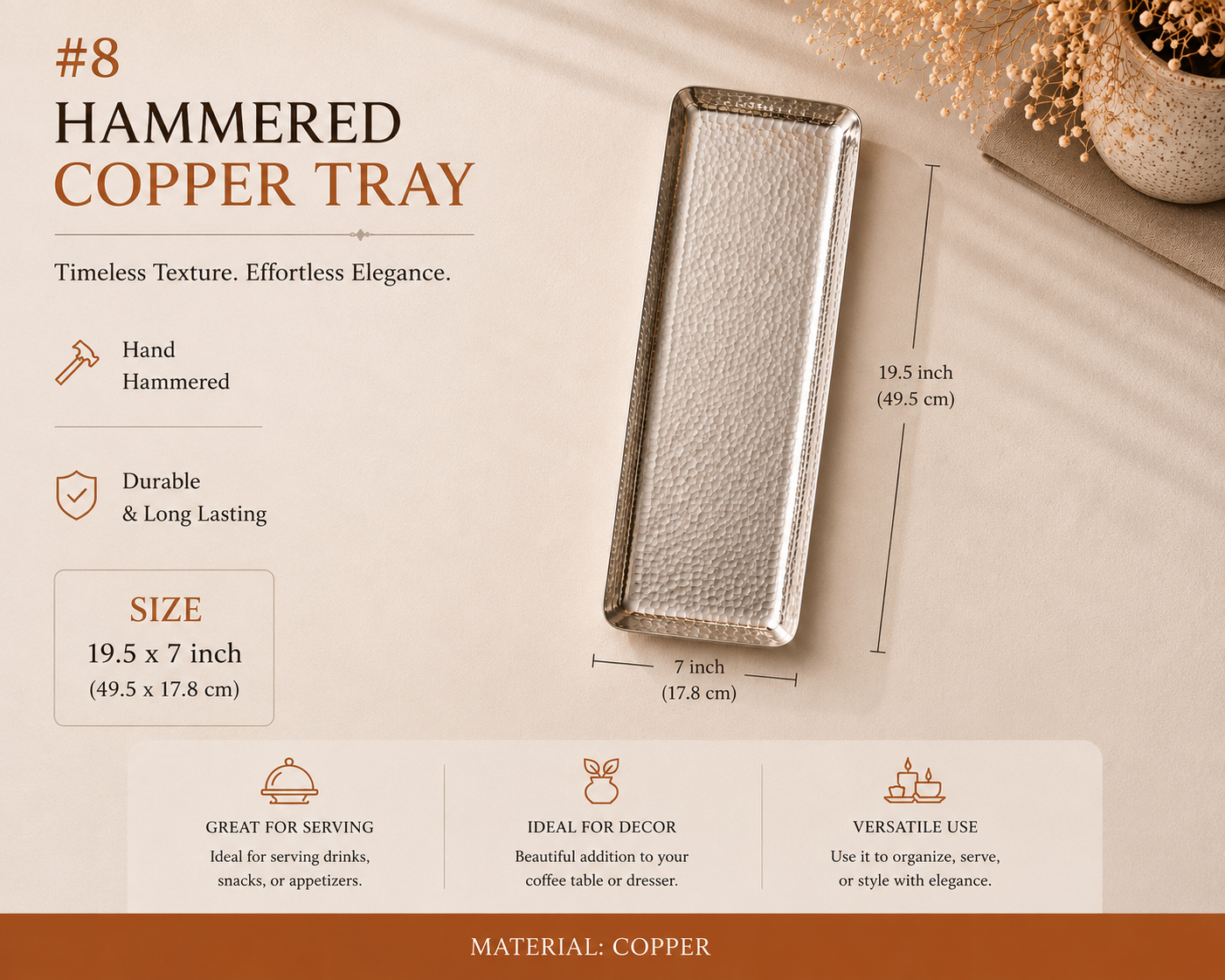 Extra-large handmade white copper rectangular tray measuring 7 x 19.5 inches for serving, centerpieces, kitchen islands, and home décor.
