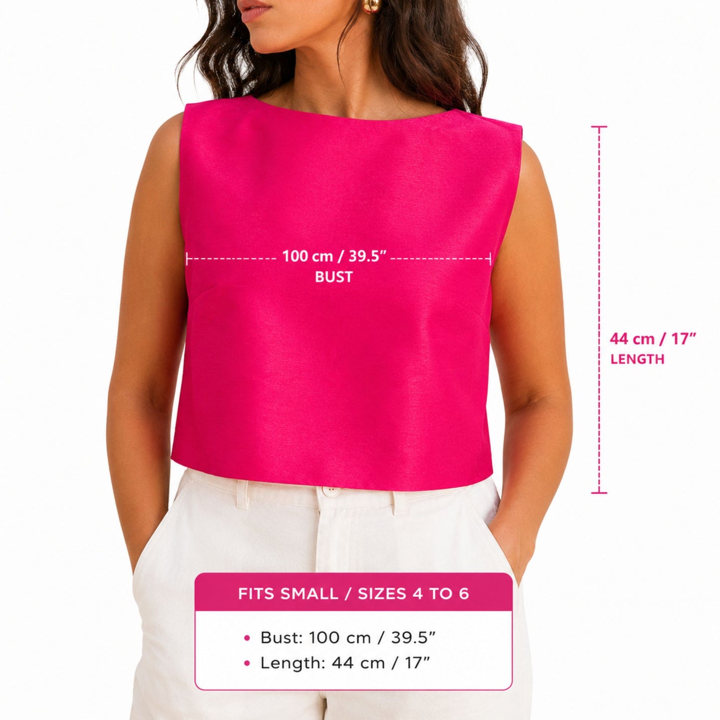 Size guide for hot pink structured crop top showing bust measurement of 100 cm and length of 44 cm.