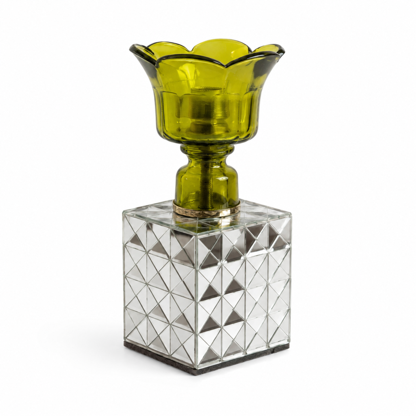 Handcrafted Light Olive Green glass candle holder with a mirrored mosaic cube base on a clean white background. Decorative handmade candle holder for modern home décor.