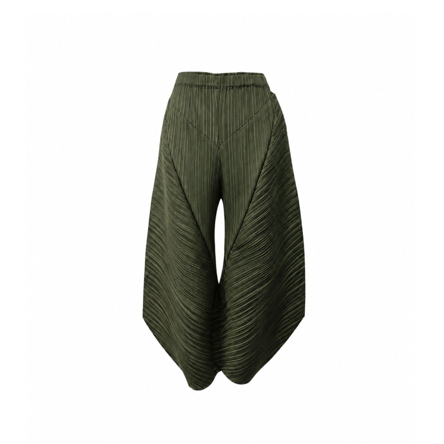 front side of the Green olive pleated wide-leg pants with sculptural silhouette and elastic waistband free size S to L