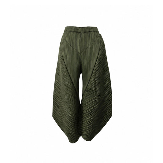 front side of the Green olive pleated wide-leg pants with sculptural silhouette and elastic waistband free size S to L