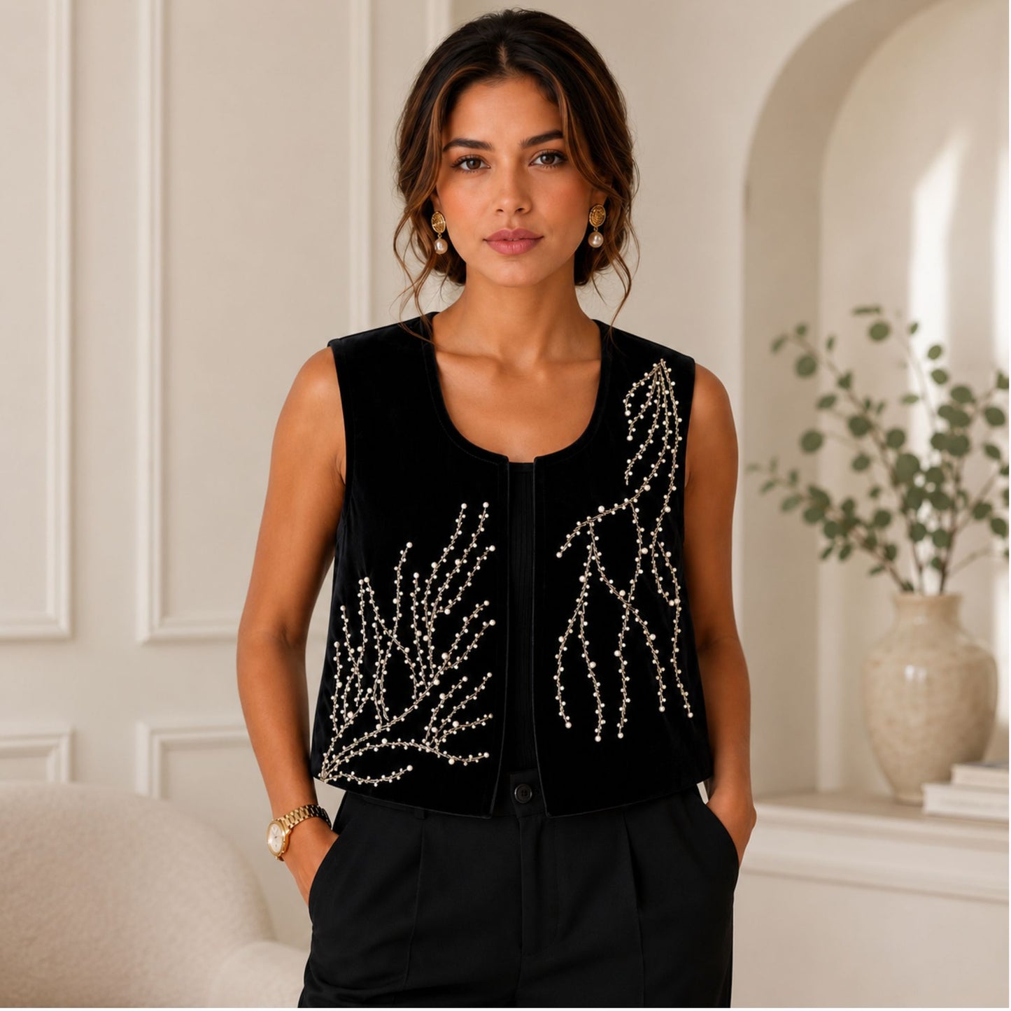 Model wearing a handmade black velvet vest with pearl bead embroidery in an elegant indoor setting.