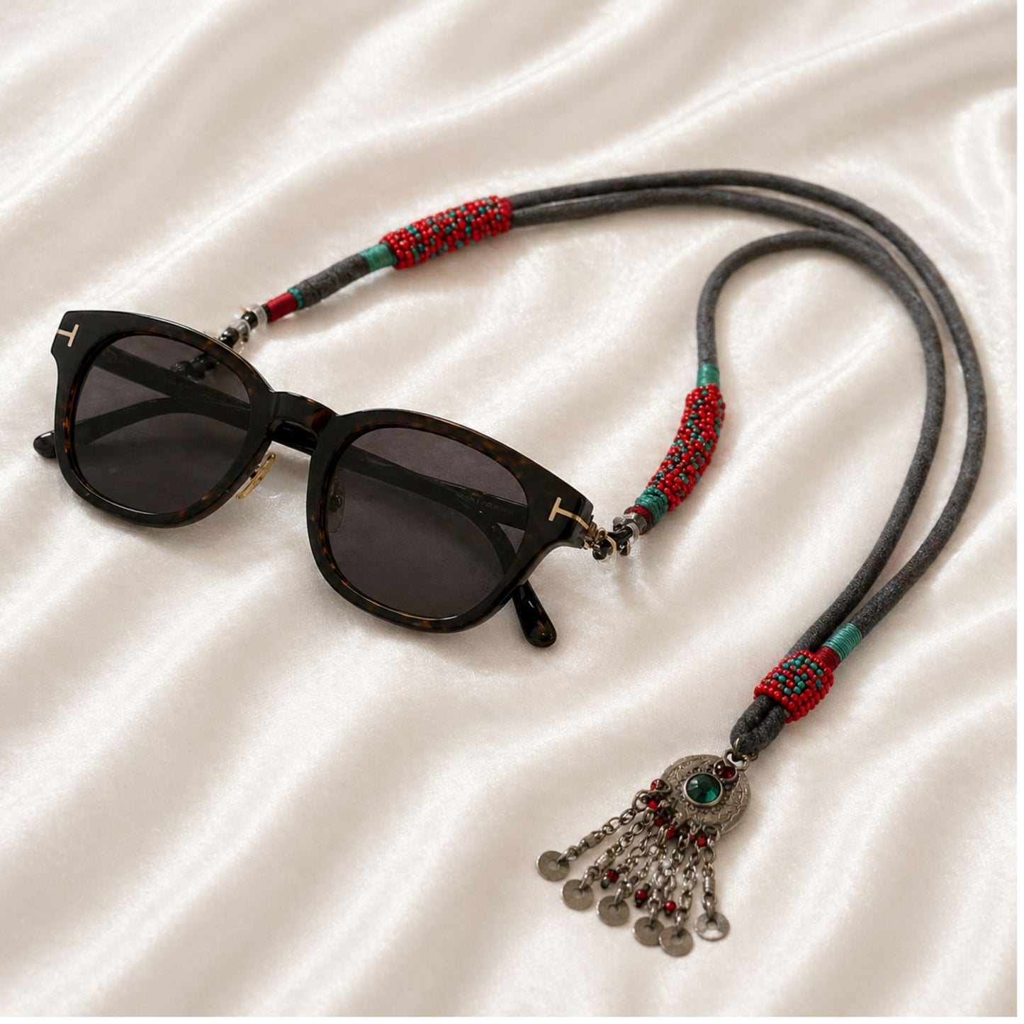 handmade green olive fabric and metal pendent eyewear strap with colorful beads