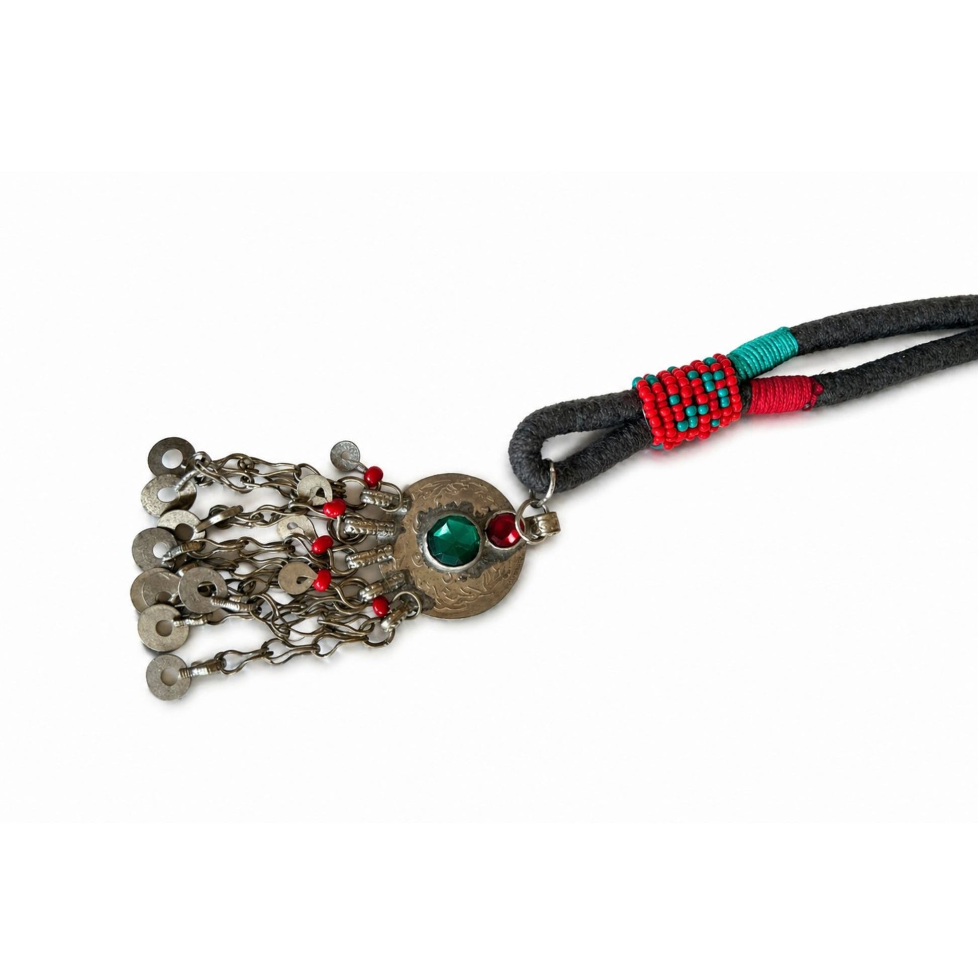 Green olive fabric handmade eyewear chain with metal pendant and colorful beads