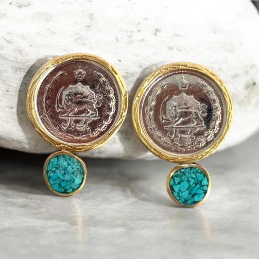 Gold framed Pahlavi coin stud earrings with bright blue imitation turquoise detail