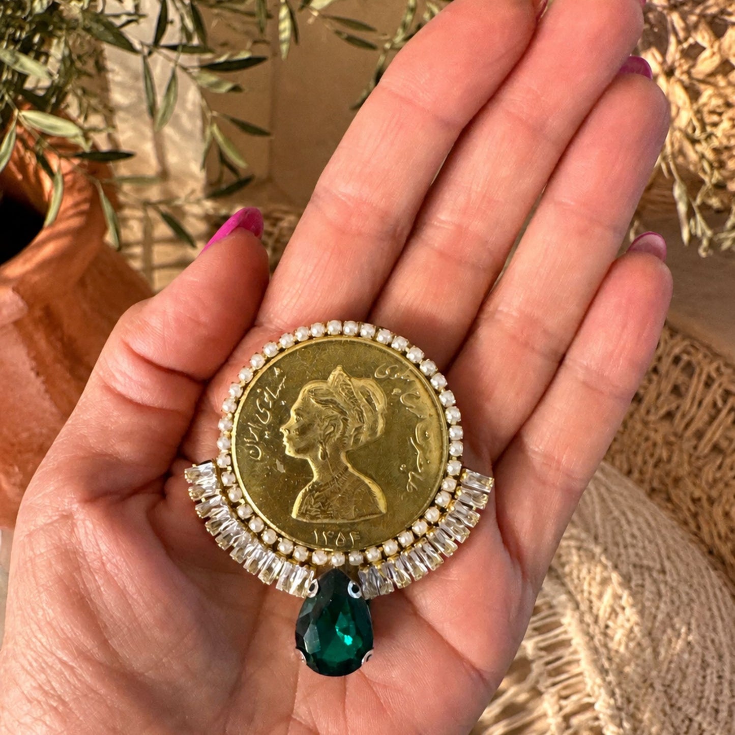 Vintage Persian inspired gold coin brooch with green crystal drop