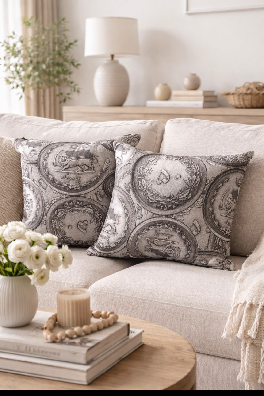 close up of pahlavi coin cushion gold persian design luxury pillow